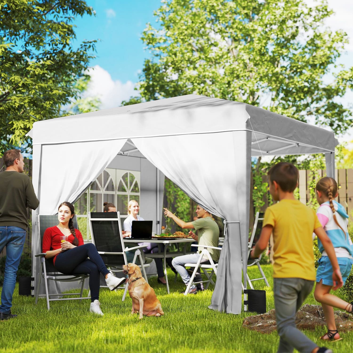 Angel Sar 10-ft x 10-ft Square White Pop Up Canopy with Two Sidewalls ...