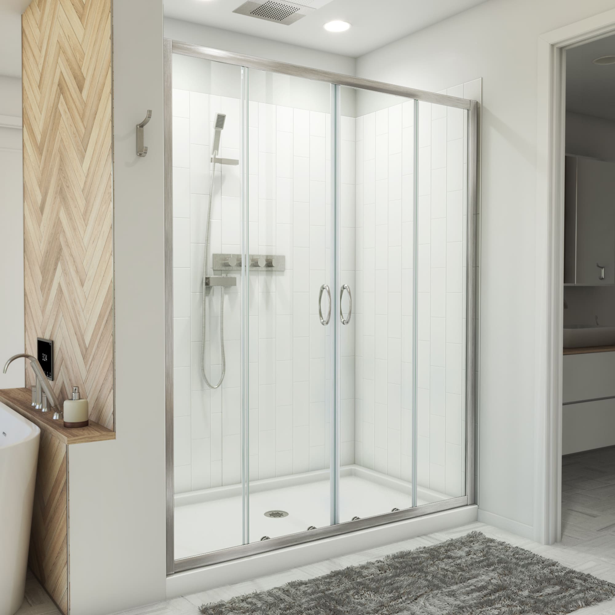 DreamLine D2116036XXC0004 Visions 3 -Piece 36-in W x 60-in L x 79-in H Rectangular Alcove shower kit ( Center Drain) Base, Wall, Door Brushed nickel Hardware Included