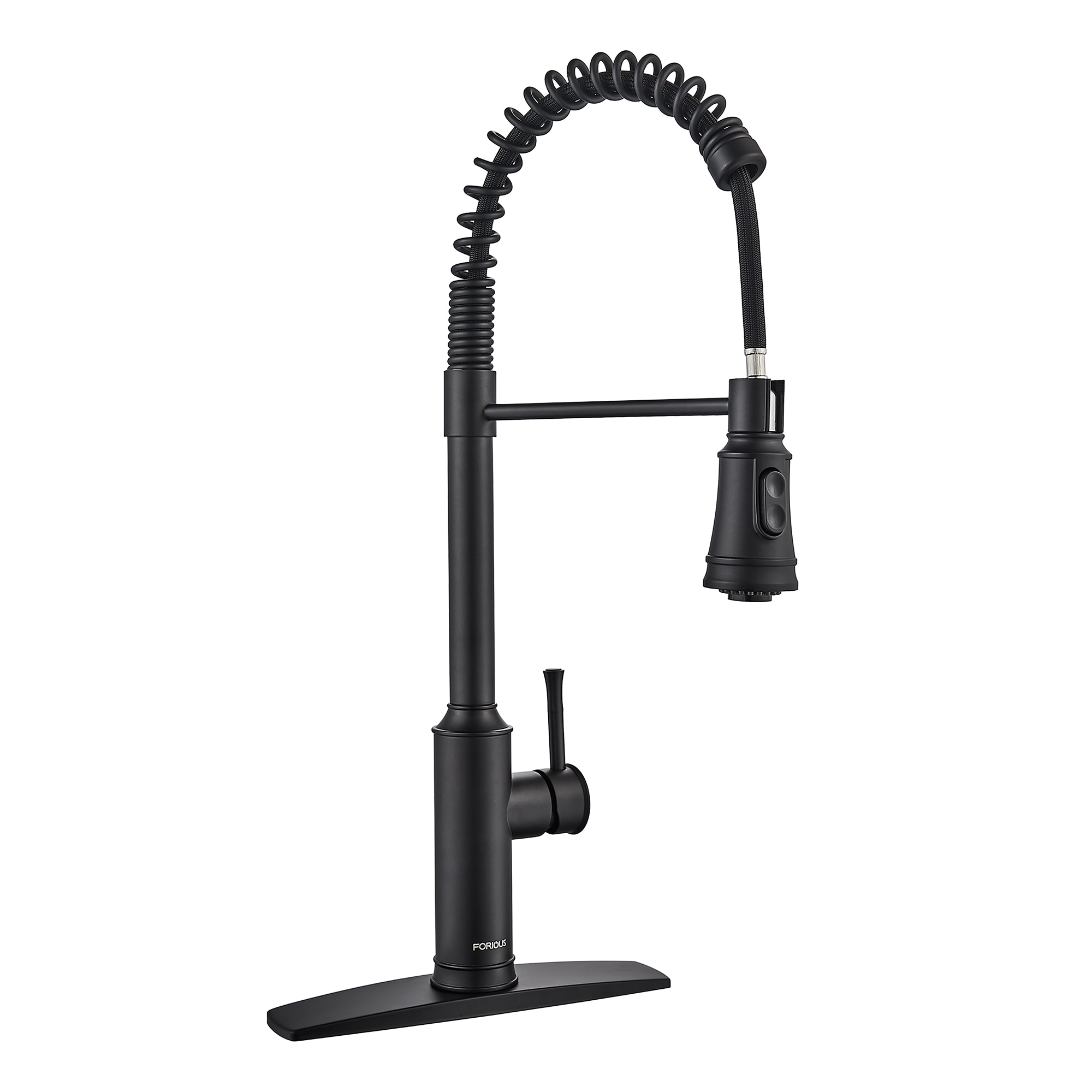 FORIOUS LL0028CB Matte Black Single Handle Deck-mount Pre-rinse Kitchen Faucet with Sprayer ( Deck Plate Included )