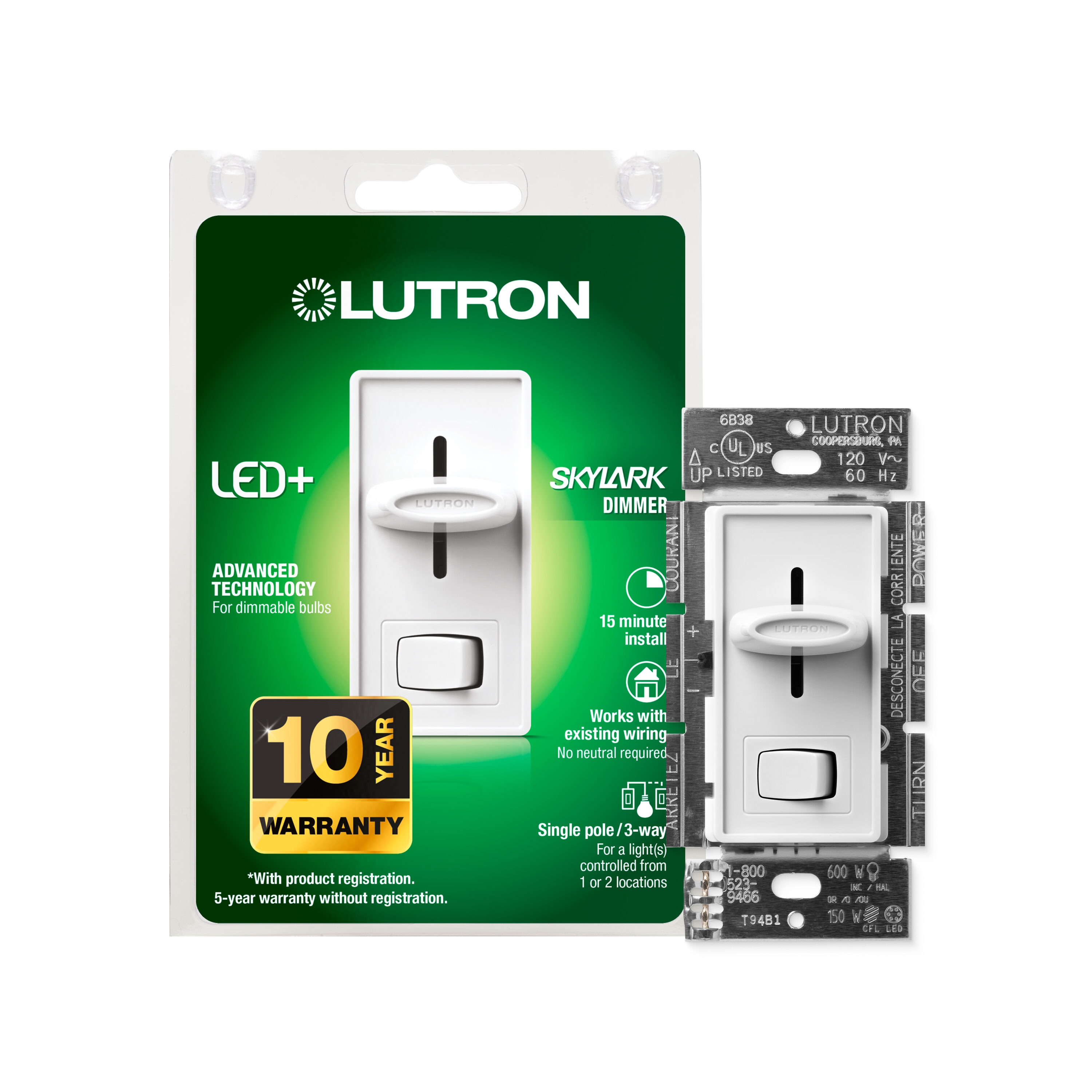 Lutron SCL-153PH-WH Skylark LED+ Single-pole/3-way LED Slide Light dimmer switch White