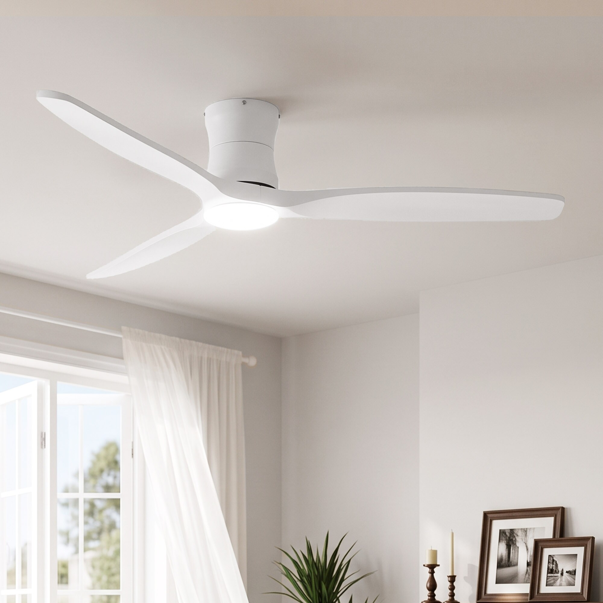 52 inch White Flush Mount Ceiling Fan Memory Dimmable Light Reversible 3 Solid Wood Blades Remote Control