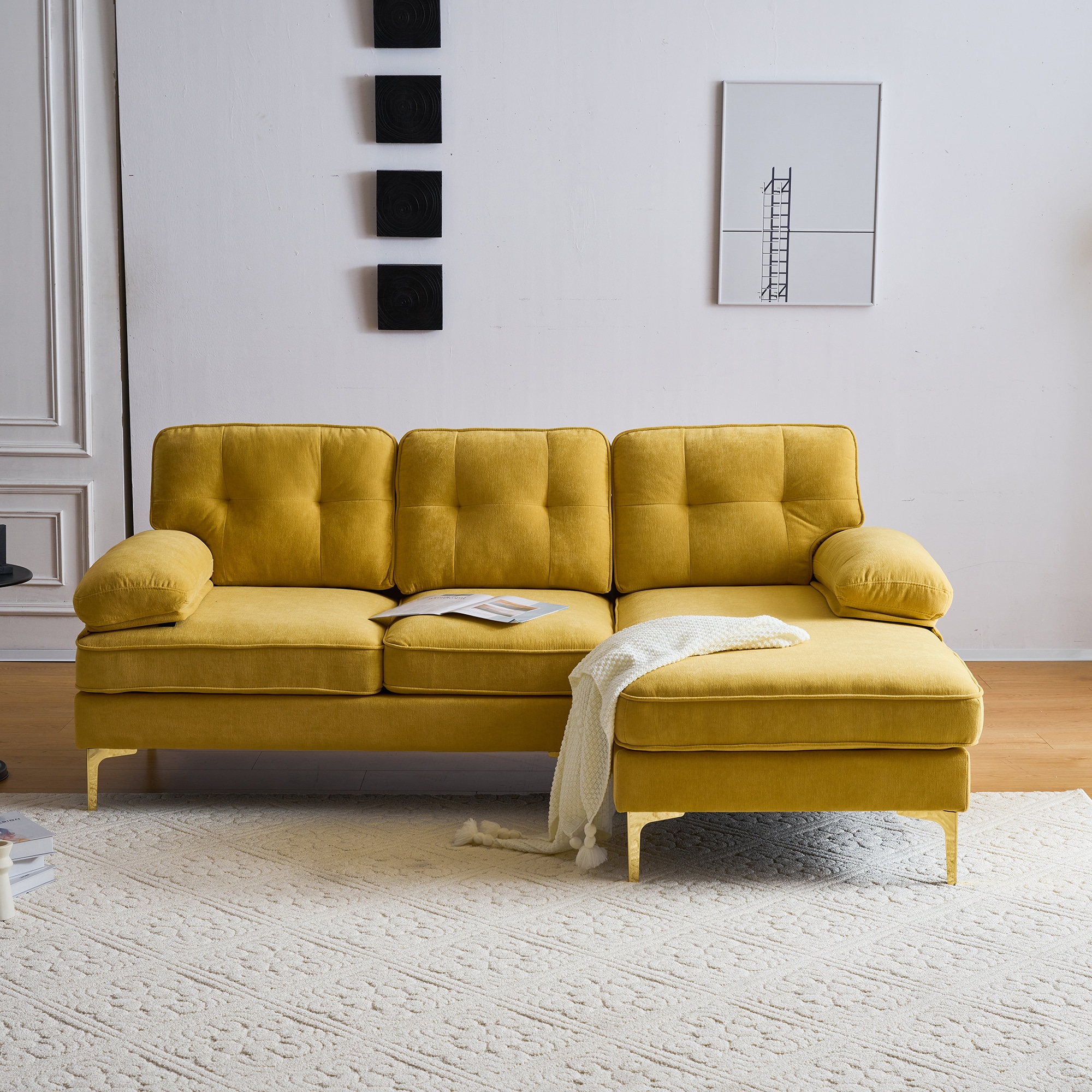 Clihome L-Shaped Sectional Sofas 83-in Modern Yellow Velvet 3-seater ...