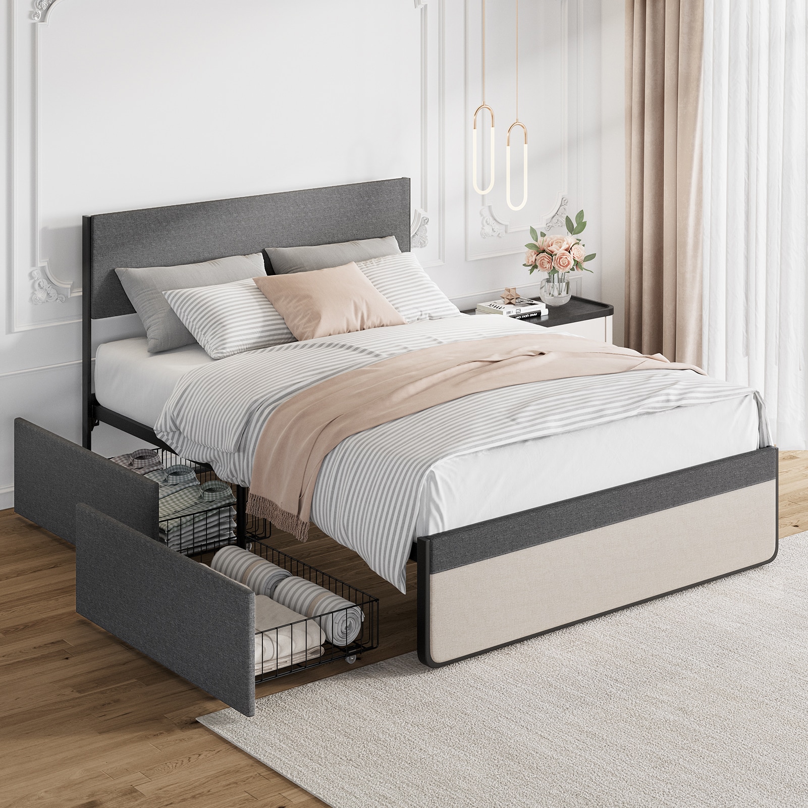 WhizMax Gray Queen Wood and Metal Platform Bed with Storage in the Beds ...