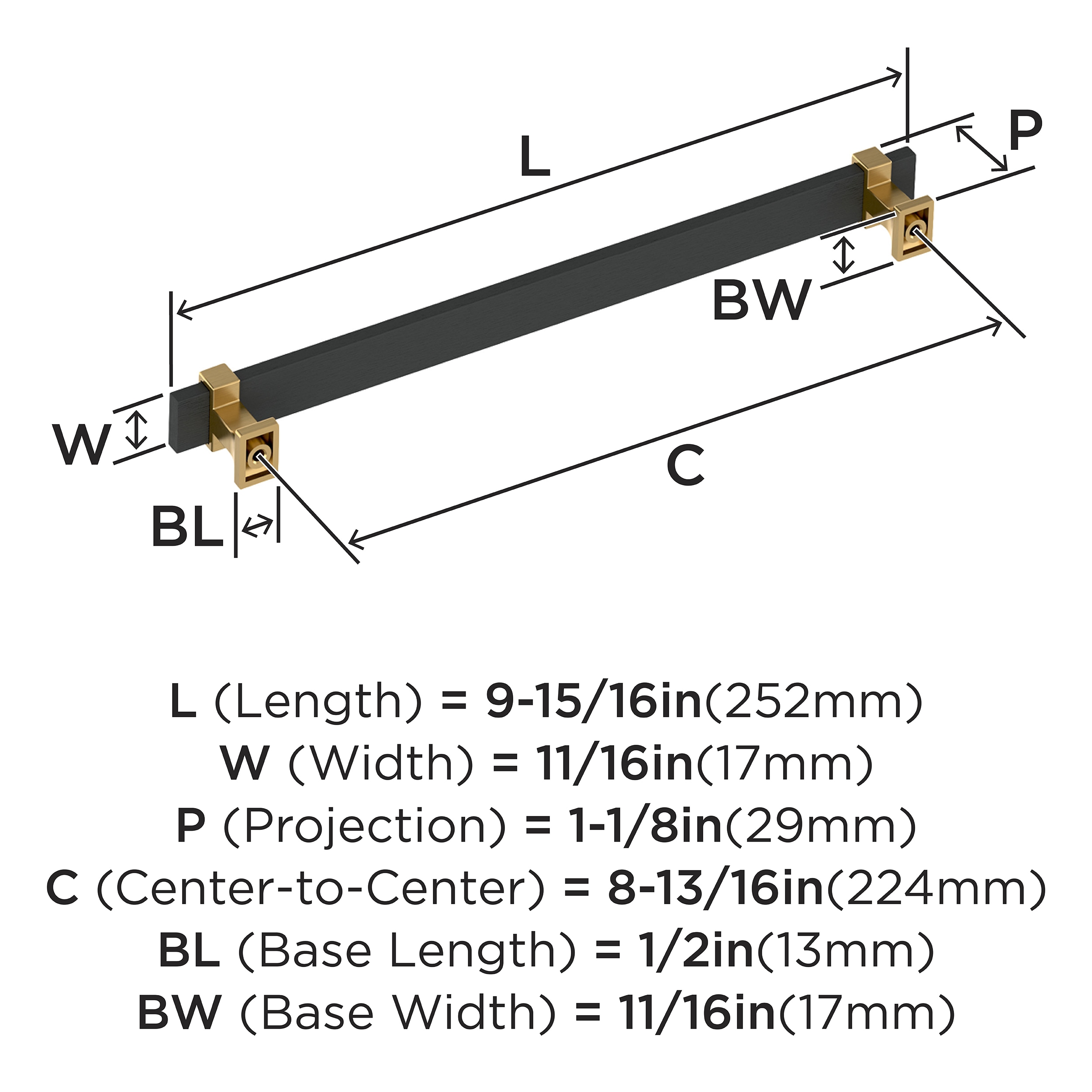 Overton 8-13/16 inch Brushed Matte Black and Champagne Bronze Cabinet Pull