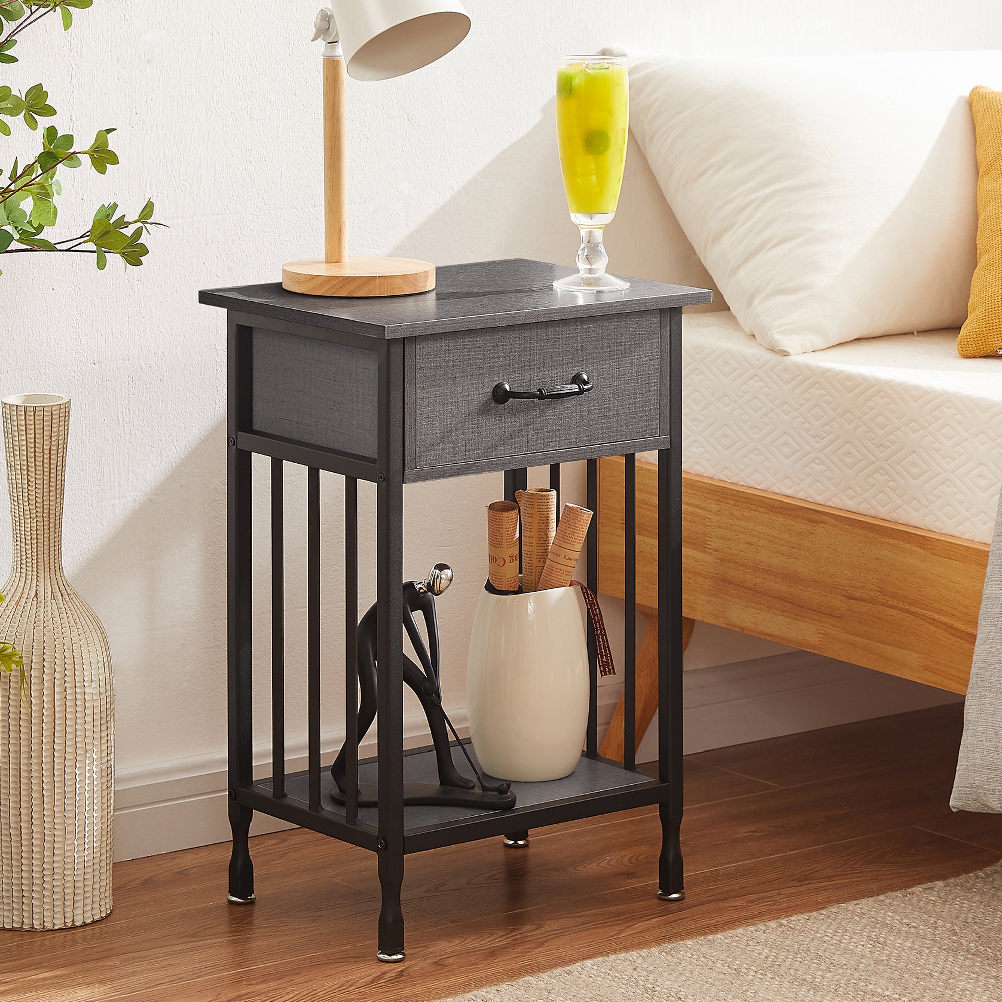 Vecelo LOE-MX-NS24-HPRY Nightstands Side Table End Table with Drawer and Storage Shelf Bedside Tables for Bedroom Living Room Wood Table with Metal Frame Heather Gray Color