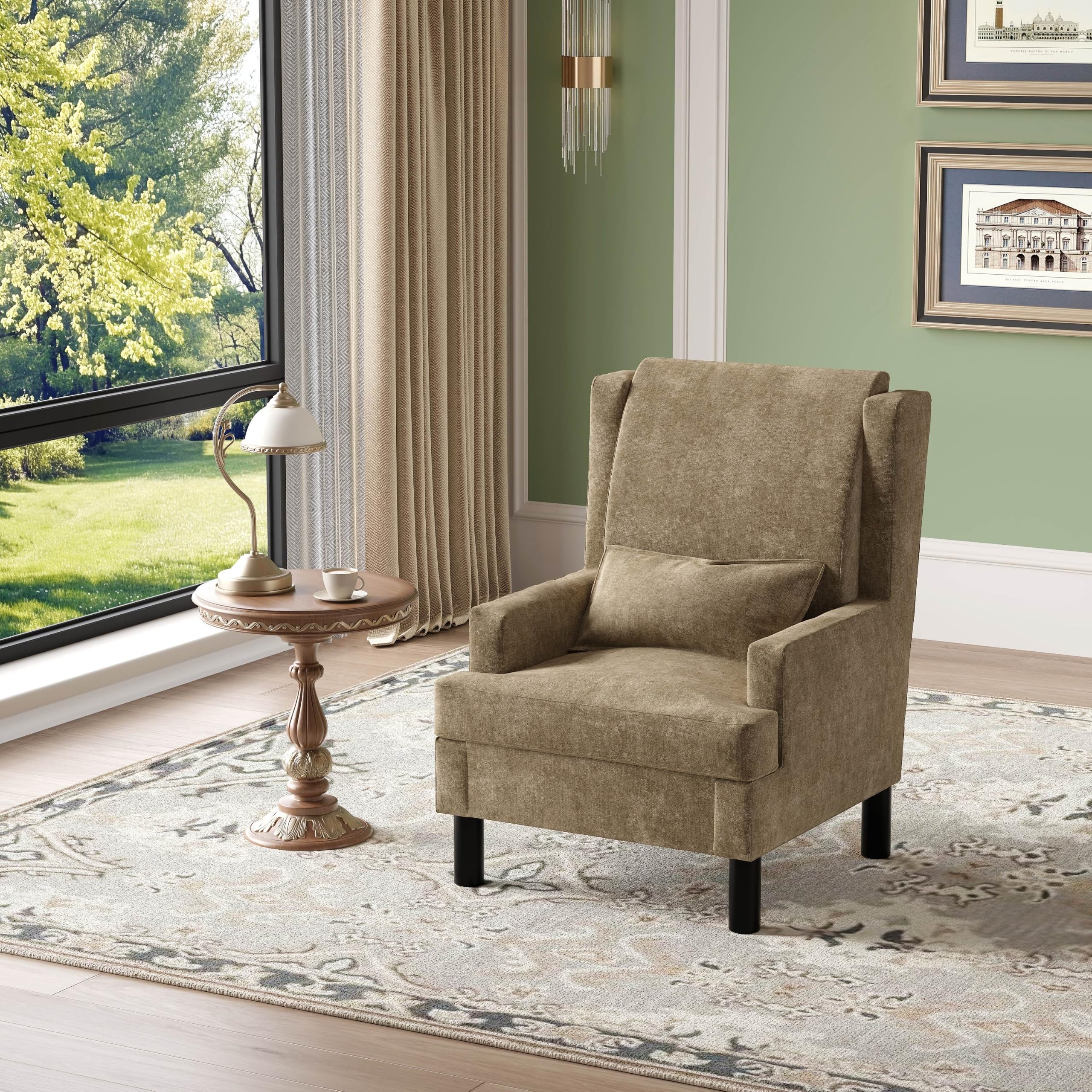 IdealHouse Wingback Accent Chair for Living Room Mid-Century Modern Reading Chair for Bedroom Modern Chenille Upholstered Comfy Armchair with High Back Soft Pillow and Sturdy Wood Legs Light Brown