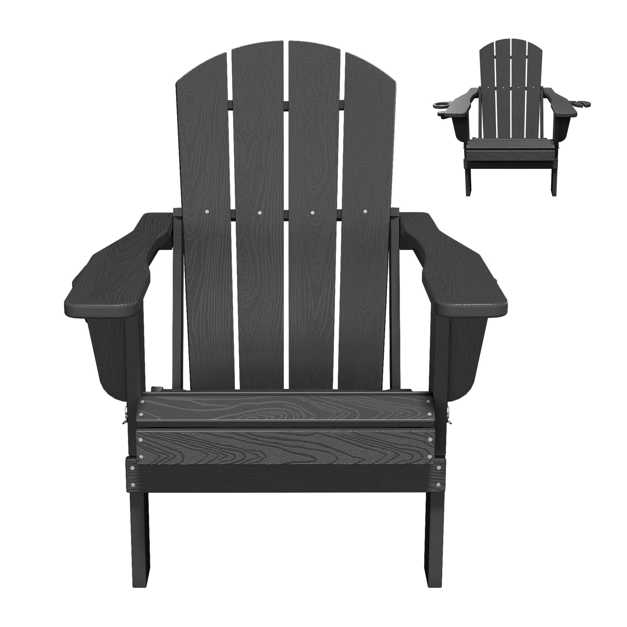 JEAREY ZDY-PE-GY Folding HDPE Plastic Adirondack Chair With Cup Holder Gray HDPE Frame Stationary Adirondack Chair with Slat Seat