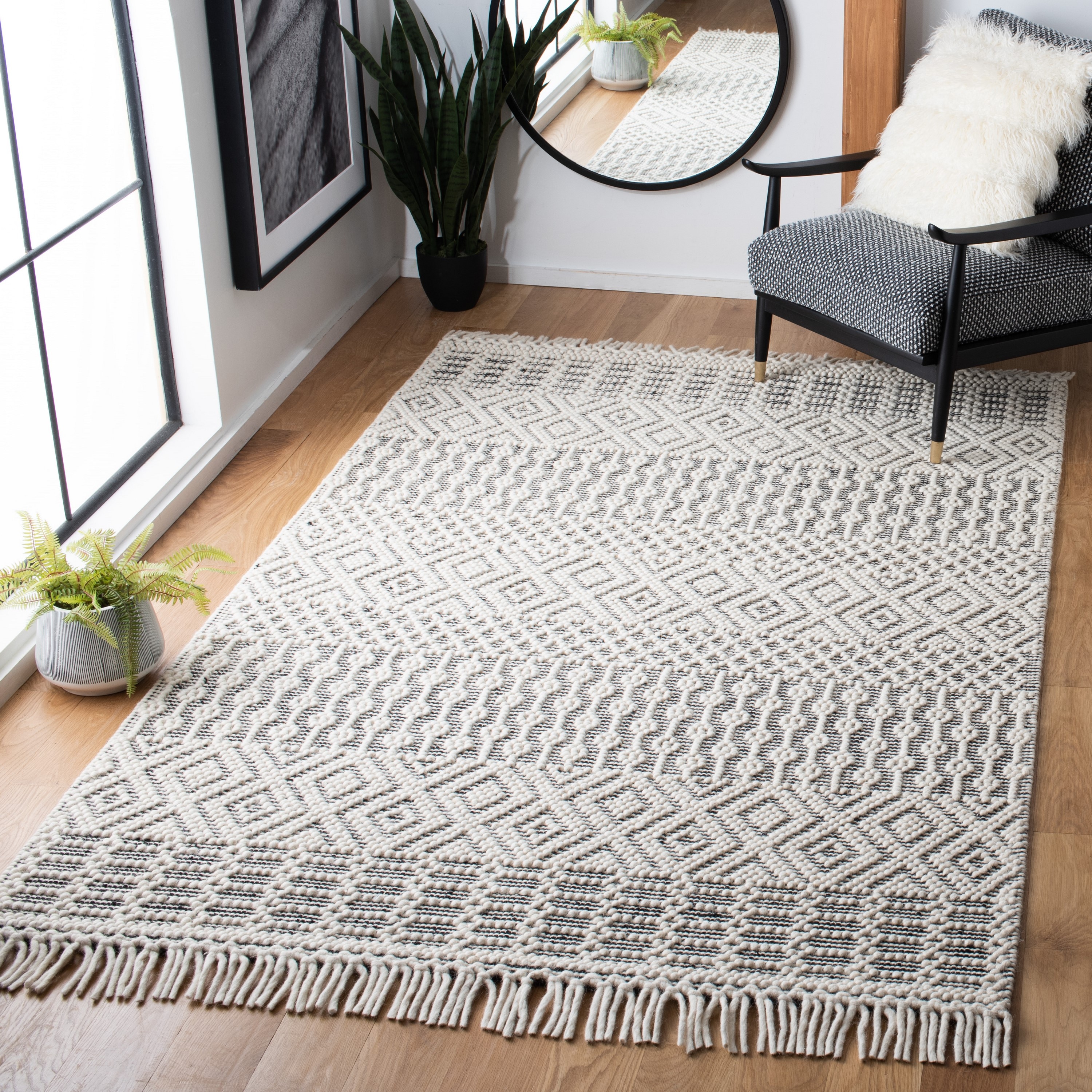 Safavieh NAT852Z-9 Natura Alana 9 x 12 (ft) Loomed Wool Ivory/Black Rectangular Indoor Geometric French Country Area rug