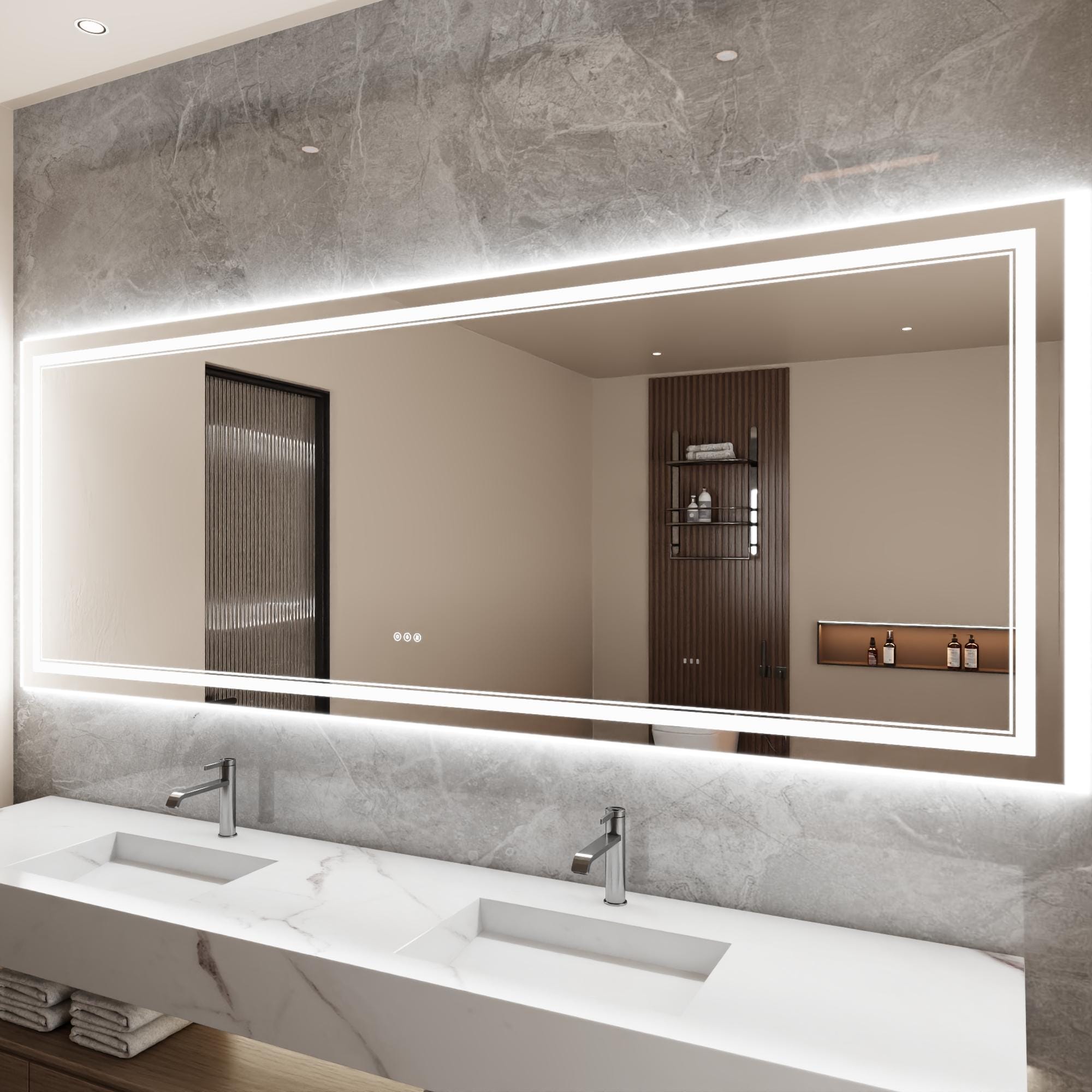 Bayfeve BFXB-16S3696-MIR Modern Multifunction LED Bathroom Mirror 95.67-in x 35.83-in Polished Frameless Rectangle Dimmable LED Lighted Fog Free Bathroom Vanity Mirror ( Silver )