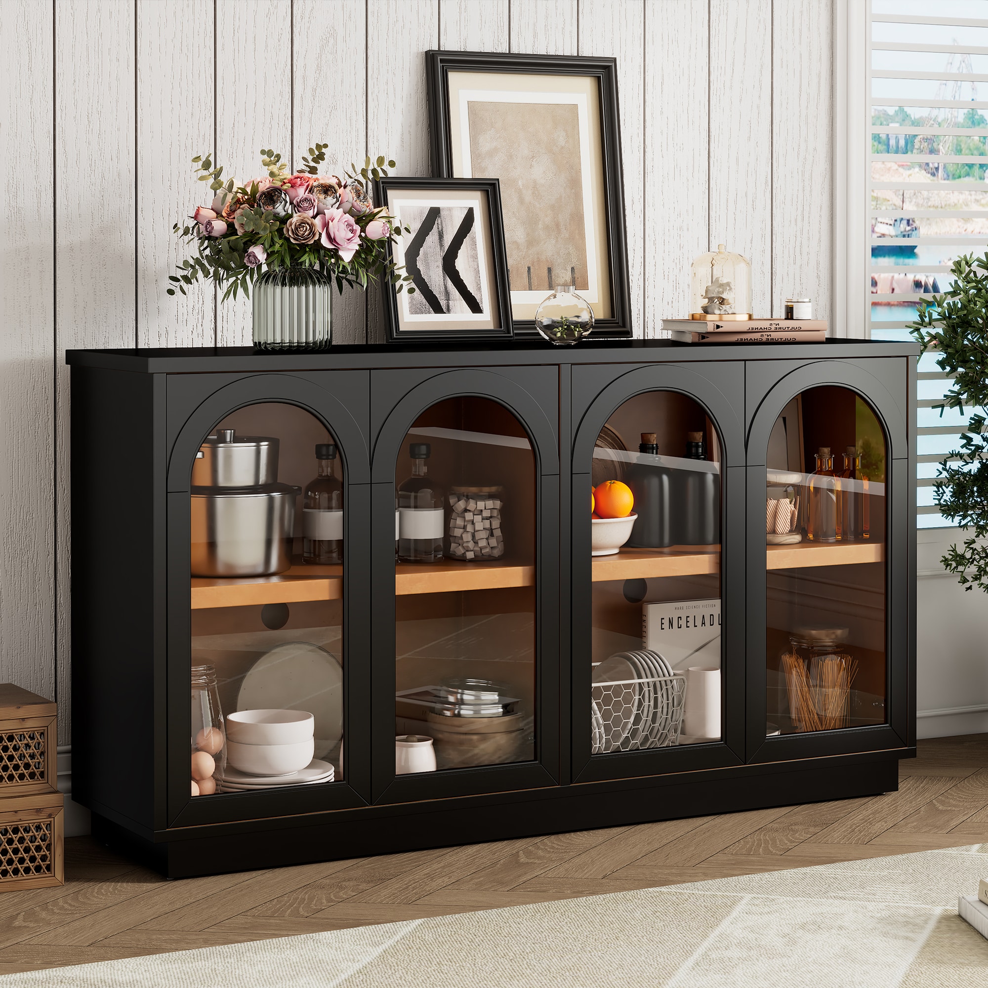 ModernLuxe N715P247544B 4Door Large Storage Buffet Cabinet with Glass Doors Arched Cabinet with Adjustable Shelves for Kitchen Dining Room and Living Room Black