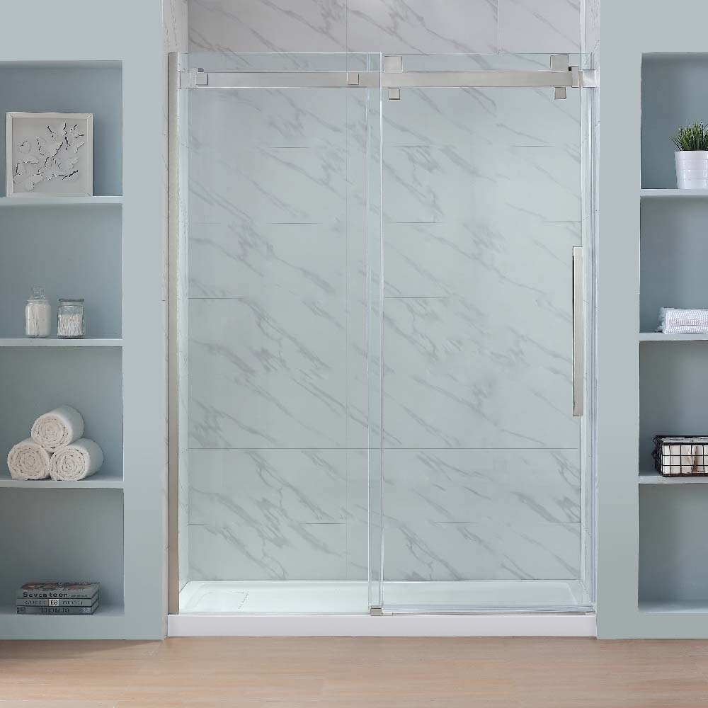 OVE Decors GLENDALE-60SNSD Glendale Satin nickel 58-1/2-in to 60-in W x 78.75-in H Semi-frameless Sliding Shower door 3/8-in Thick Clear Glass