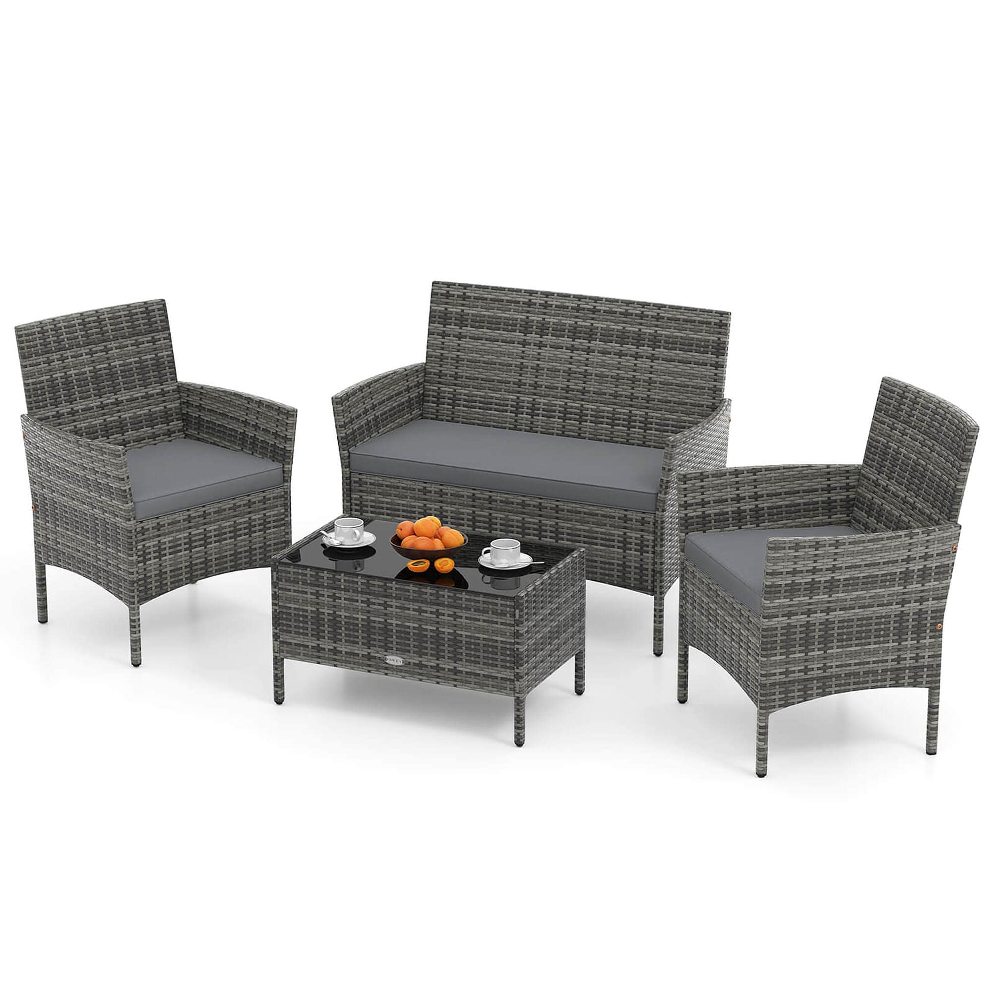 Costway HCST05332 4 -Piece Rattan Patio Conversation Set with Gray Cushions