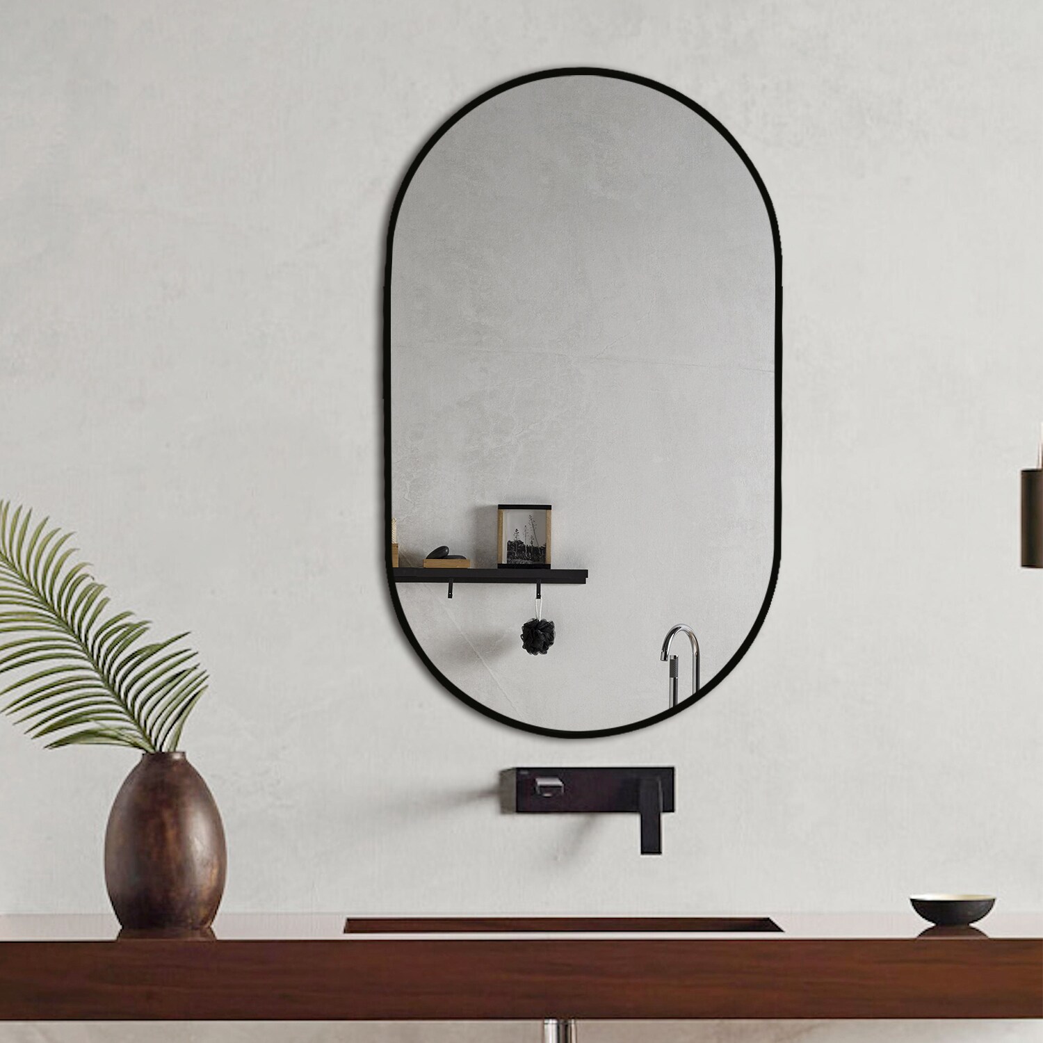 Frameless Oval Black Metal Bathroom Vanity Mirror 31.5 x 19.6 in.