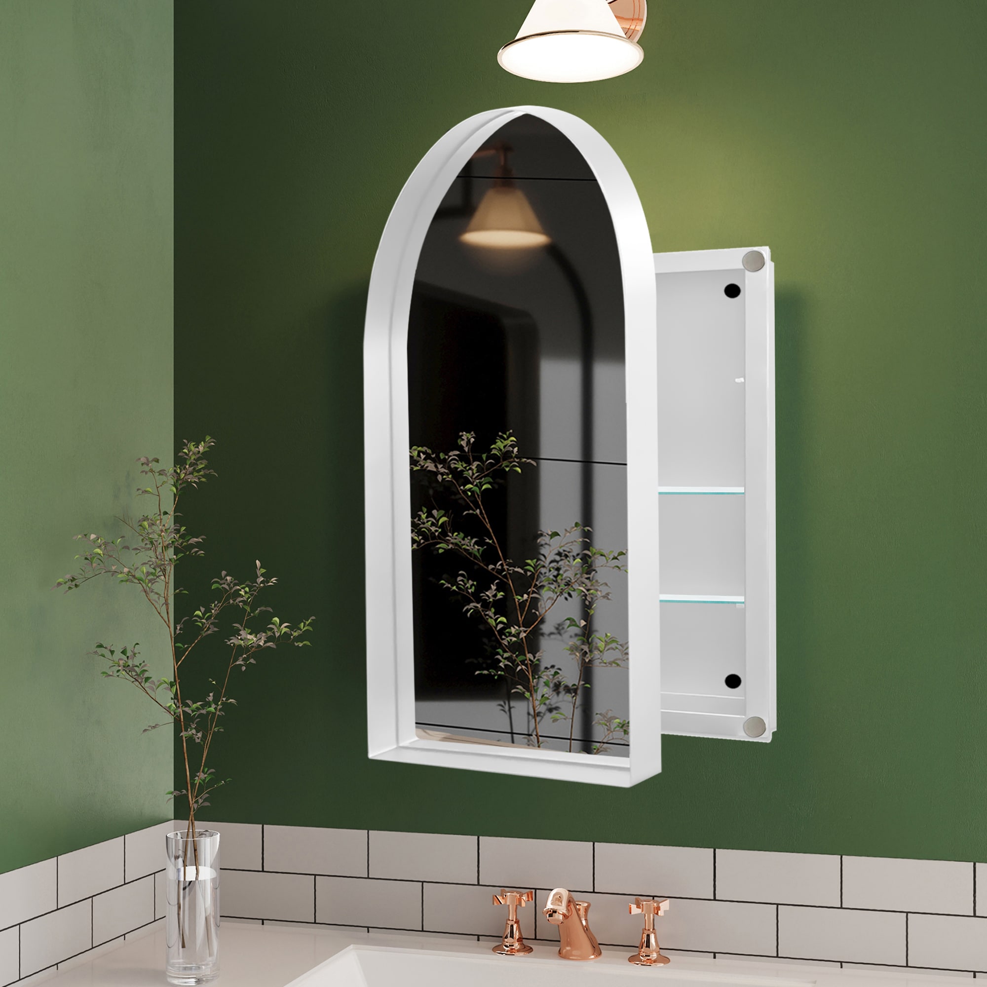 ExBrite FSMC2436W 24-Inches x 36-Inches Surface/Recessed Mount Matte White Mirrored Arched Medicine Cabinet