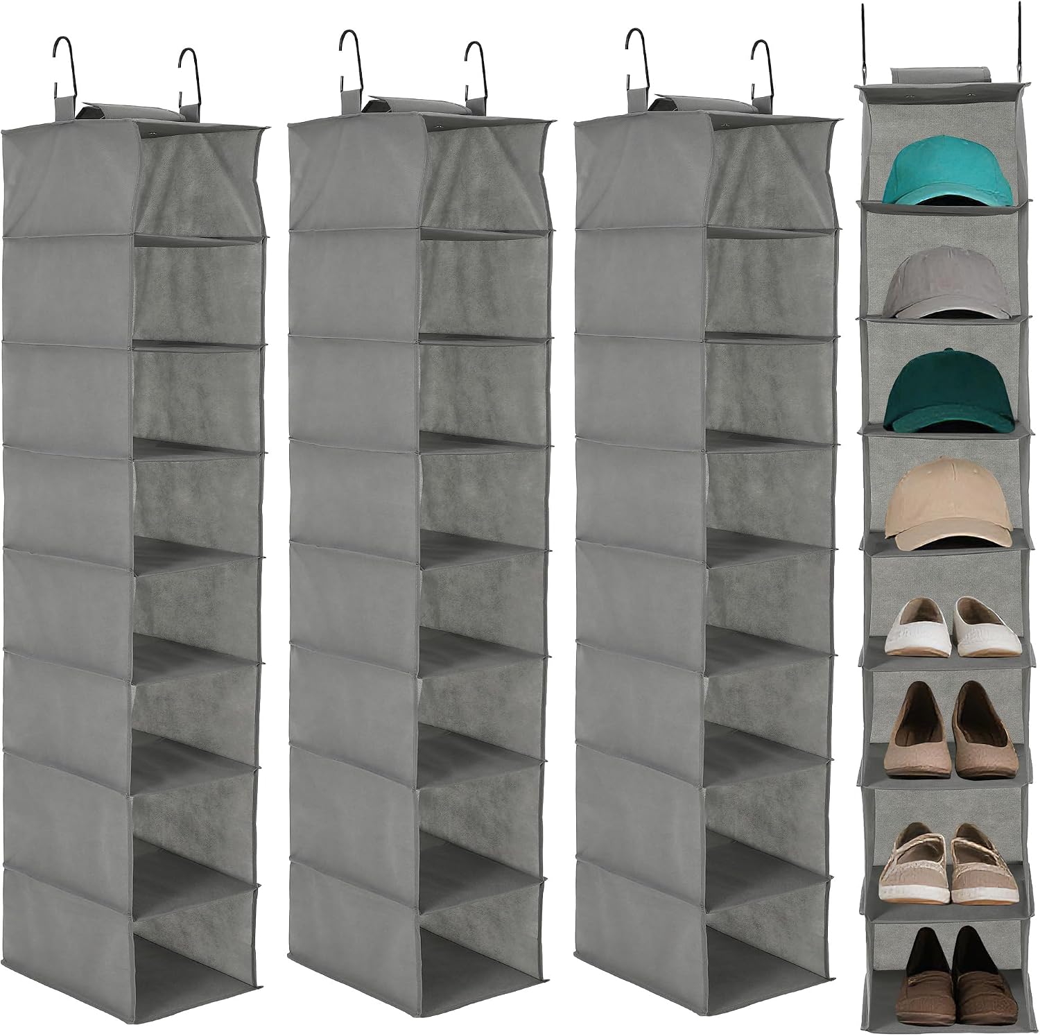 GAOMON Hanging Shoe Organizer for Closet - 8-Shelf 3-Tier Hanging Storage (3 Pack) - Grey