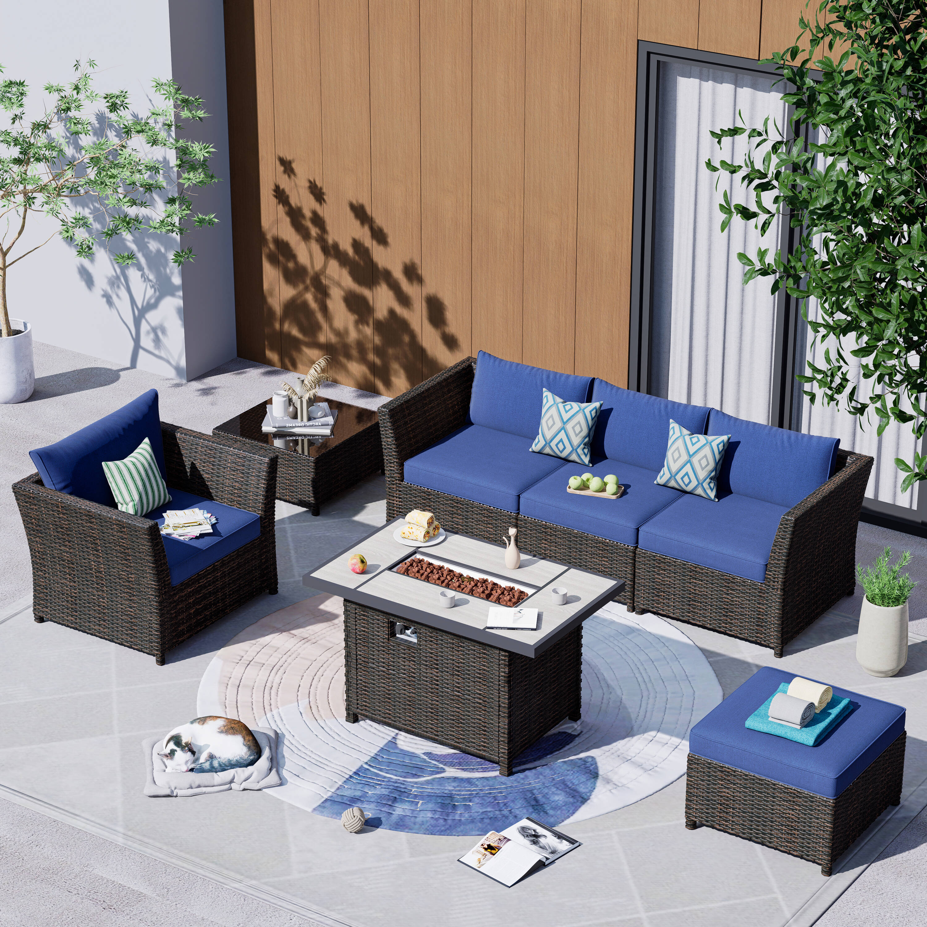 Pouuin SRFPRSA505 Rattan Outdoor Sectional with Blue Cushions and Rattan Frame