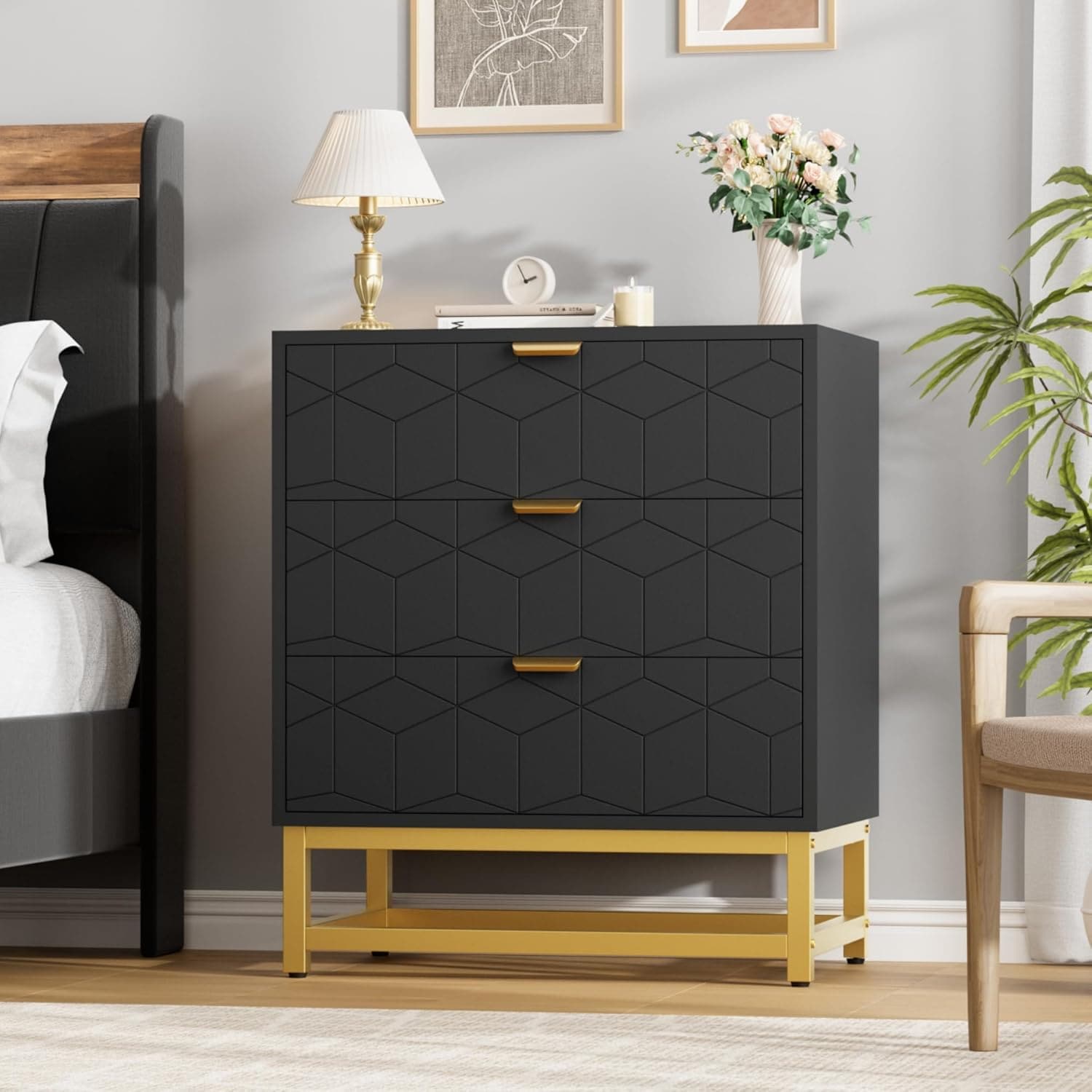 black and gold dresser tall Garvee Fluted 4 Drawer Dresser Tall Black Dresser with Gold Metal Handles  Small Dresser Storage Chest
