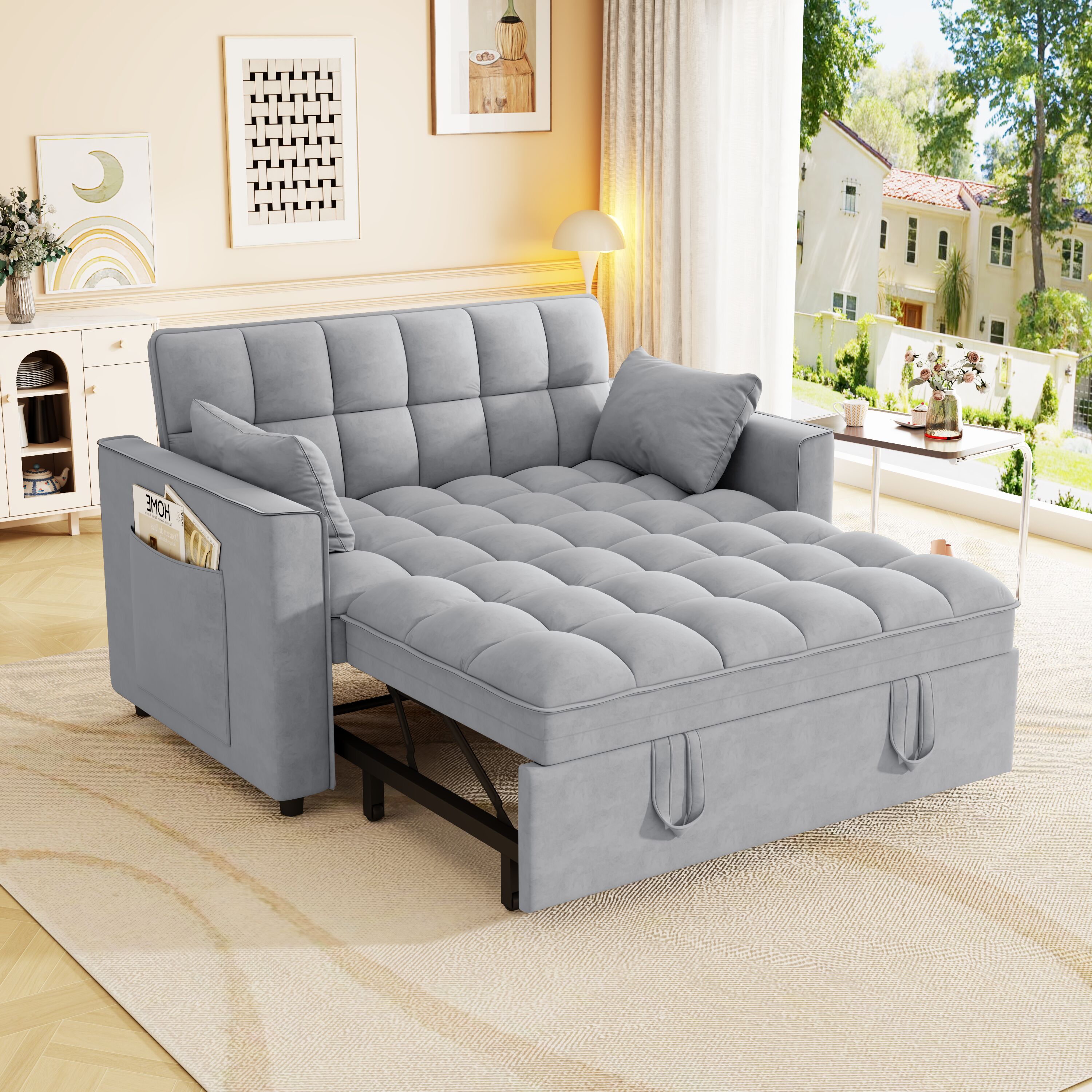 LUXEYARD Sleeper Sofa Couch with Pull Out Bed Modern Velvet Convertible Sleeper Sofa Bed Gray