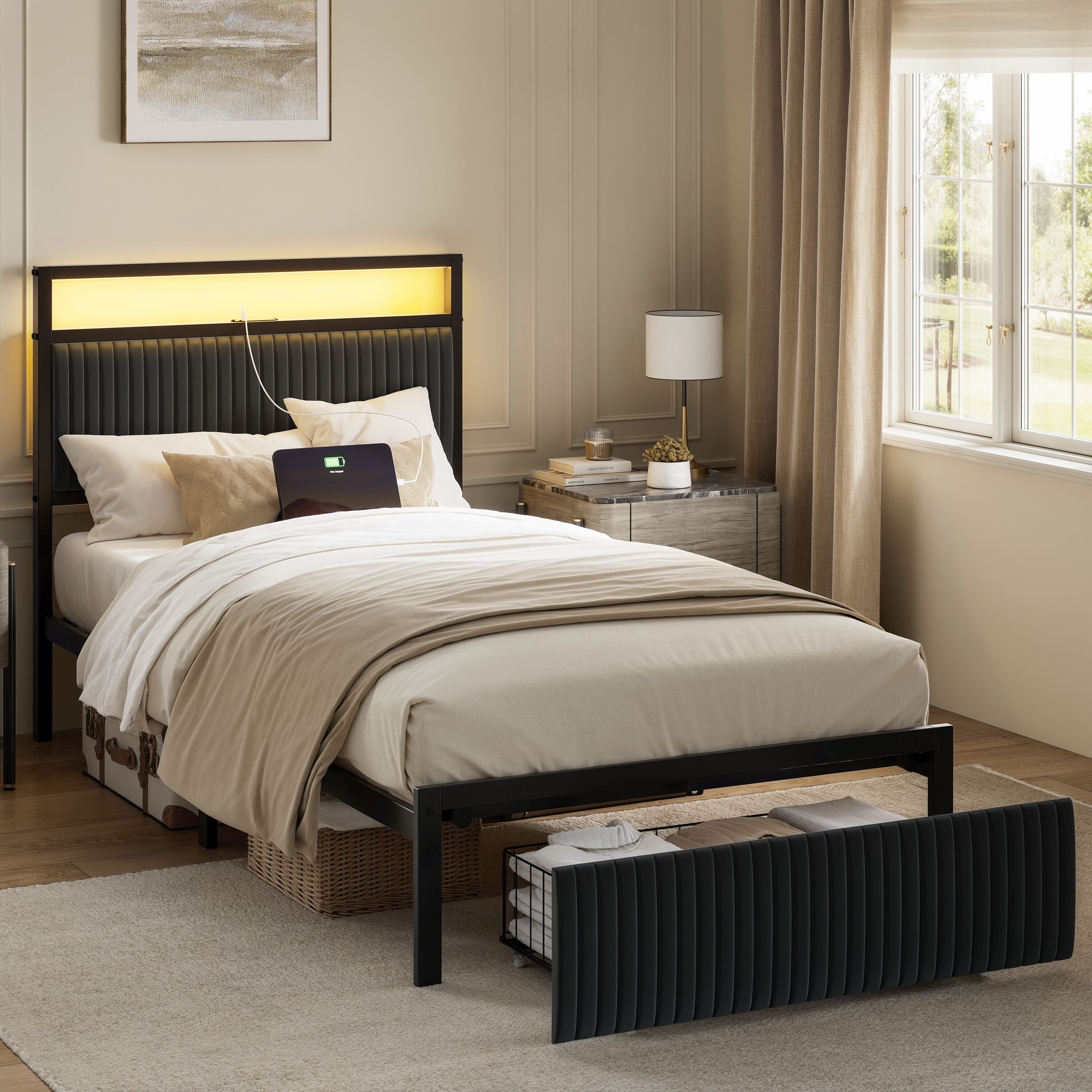 HAUSOURCE - Twin Upholstered Bed Frame with Storage Drawers LED Light and Charging Station Velvet...