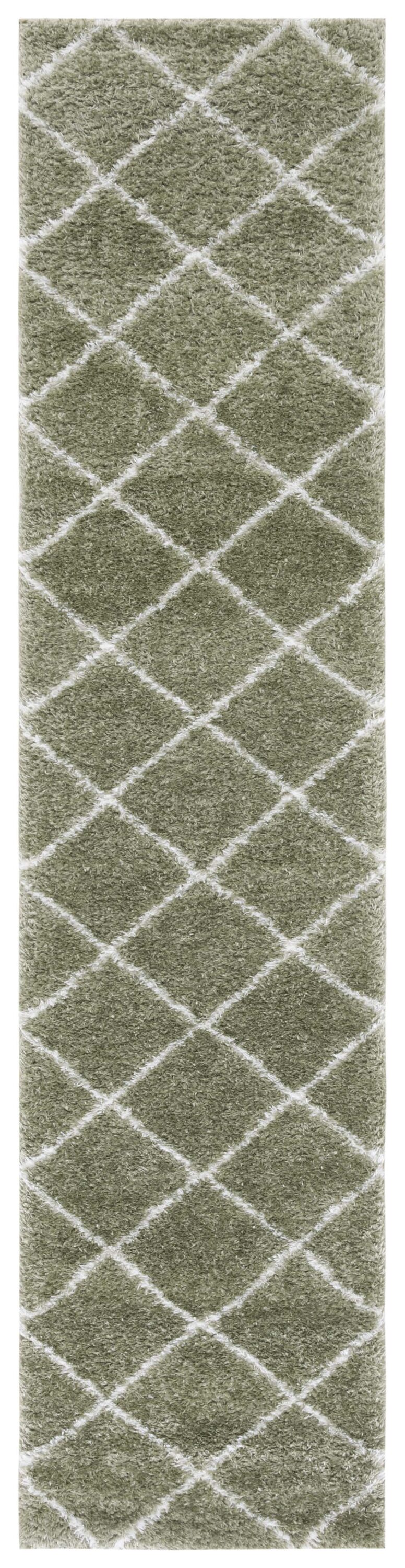 Sage and White Geometric Shag Runner Rug, 2' x 9'