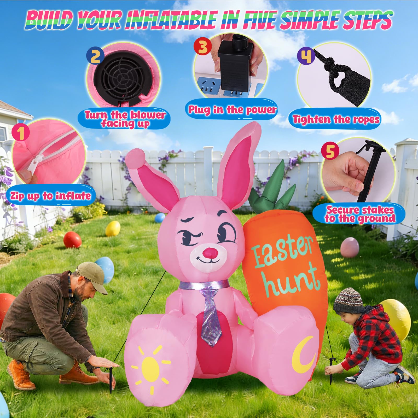 Justincity 5.15FT Easter Inflatable Bunny Outdoor Decoration Pink ...