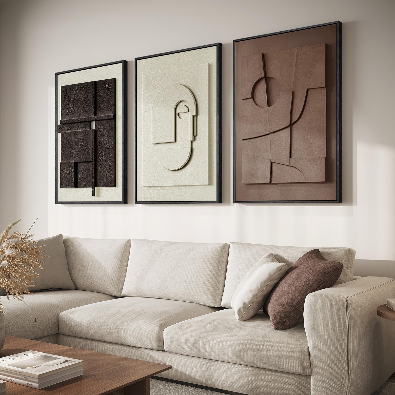 OMOMMD Framed 3D Textured Abstract Wall Art 3 Piece Modern Minimalist Decor for Living Room Bedroom Dining Hallway Office