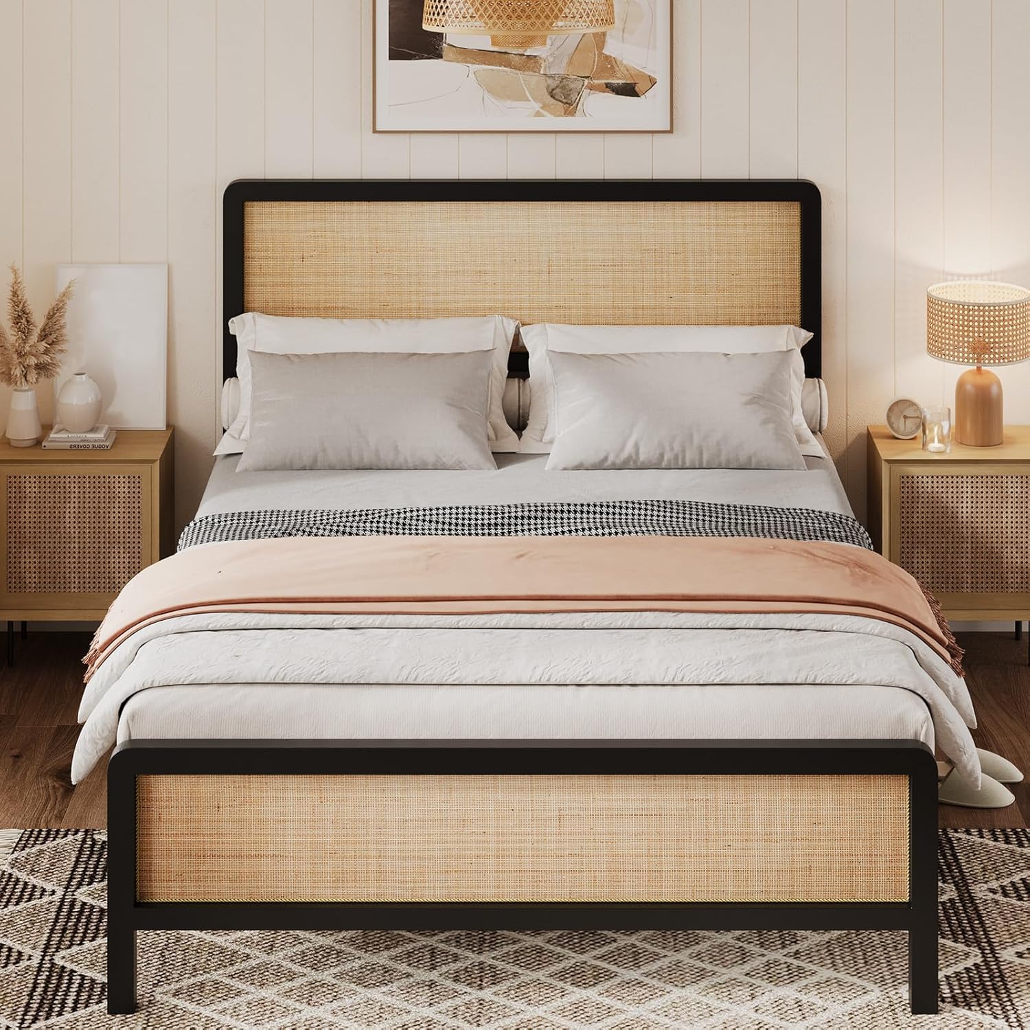 Qeetex PD-PHO-0WRKOD7F Full Rattan Bed Frame With Natural Headboard-Metal Platform-Rounded Corners-Metal Slats-Underbed Storage-No Box Spring Needed