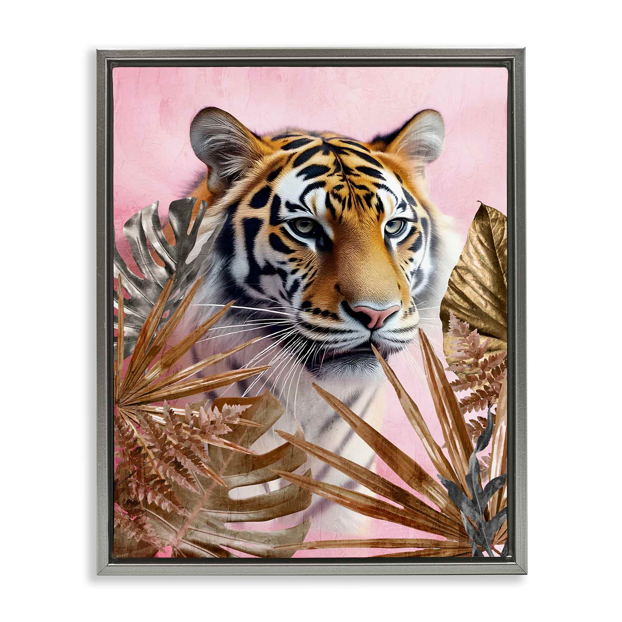 Stupell Industries BS-077-FFL-24X30 Exotic Tiger with Gold Leaves Gray Framed Floater Canvas Wall Art By Kim Allen 25 x 31