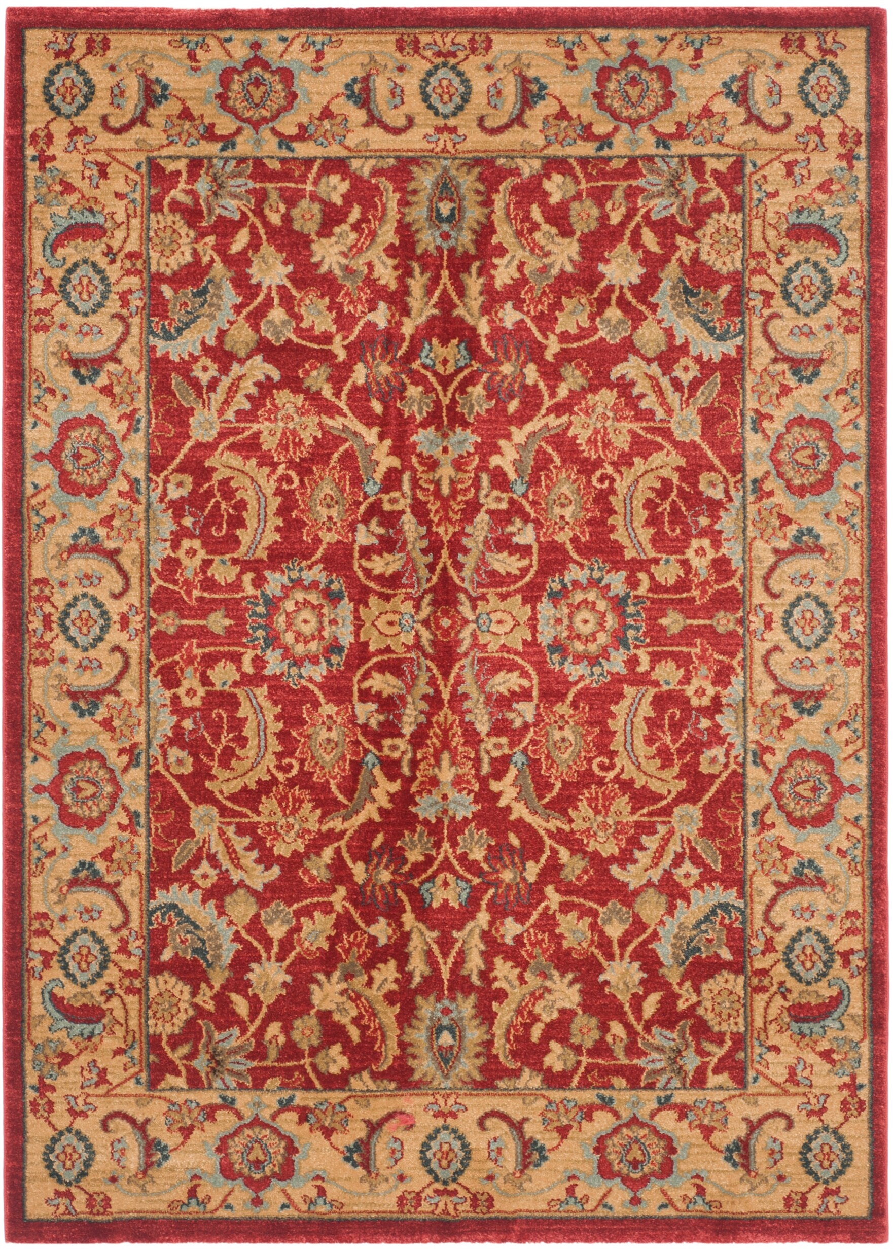 Elegant Red and Natural 4'x5'7" Synthetic Area Rug