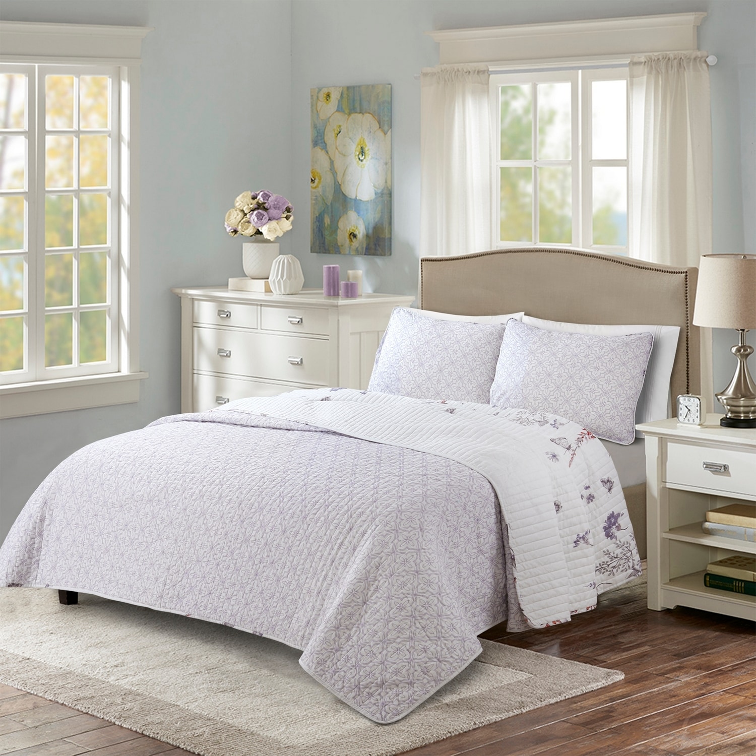 Adalia King Purple and Gray Floral Cotton Quilt Set