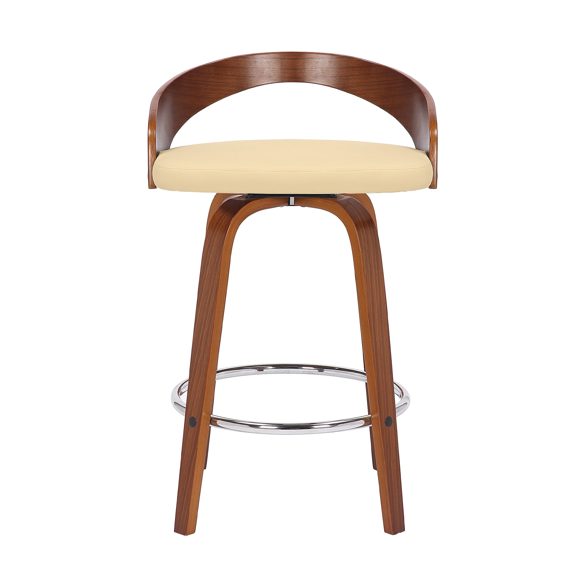 Cream Faux Leather and Walnut Wood Swivel Counter Stool