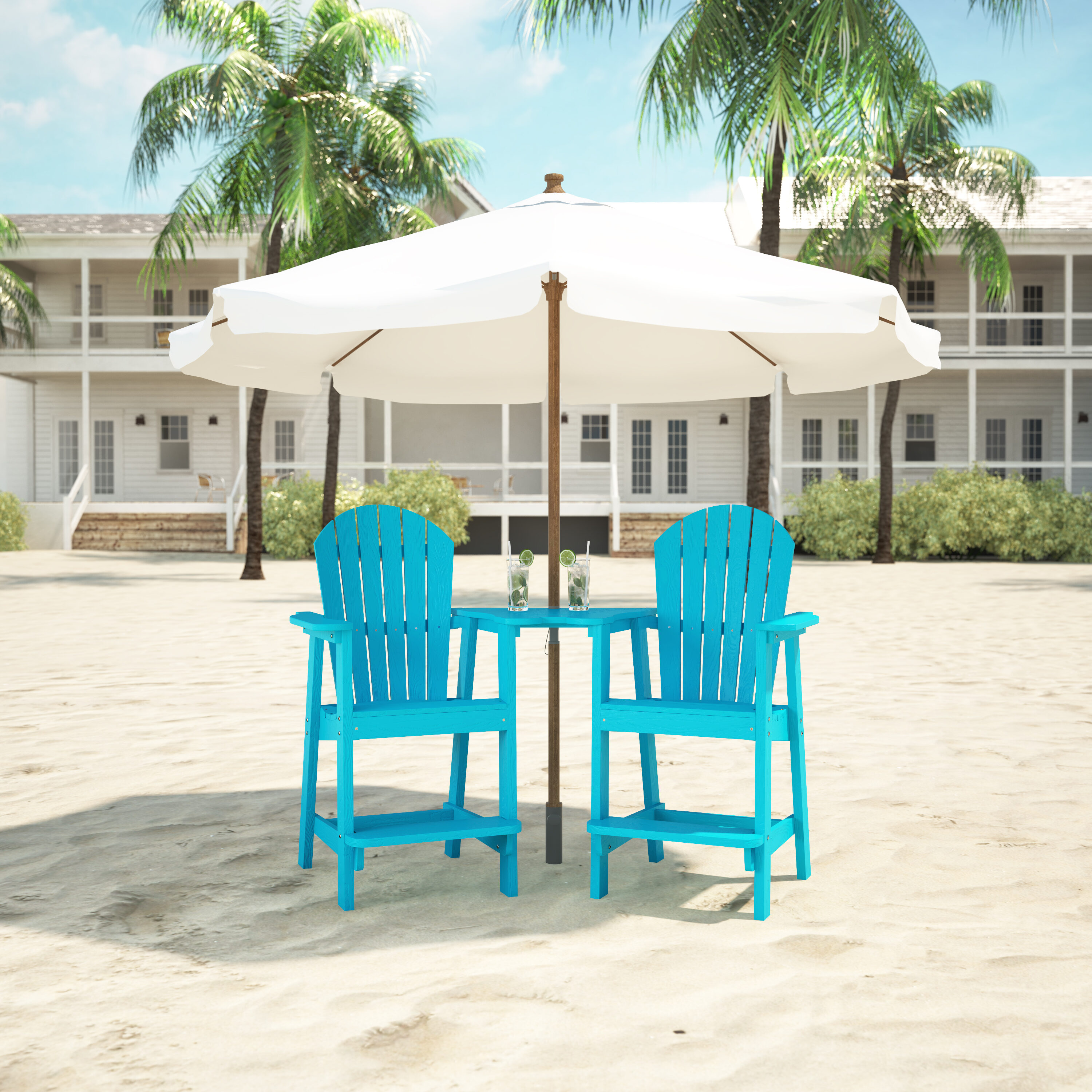  WSYZ02-CYAN Set of 2 Cyan Wood Frame Stationary Adirondack Chair with Green Solid Seat