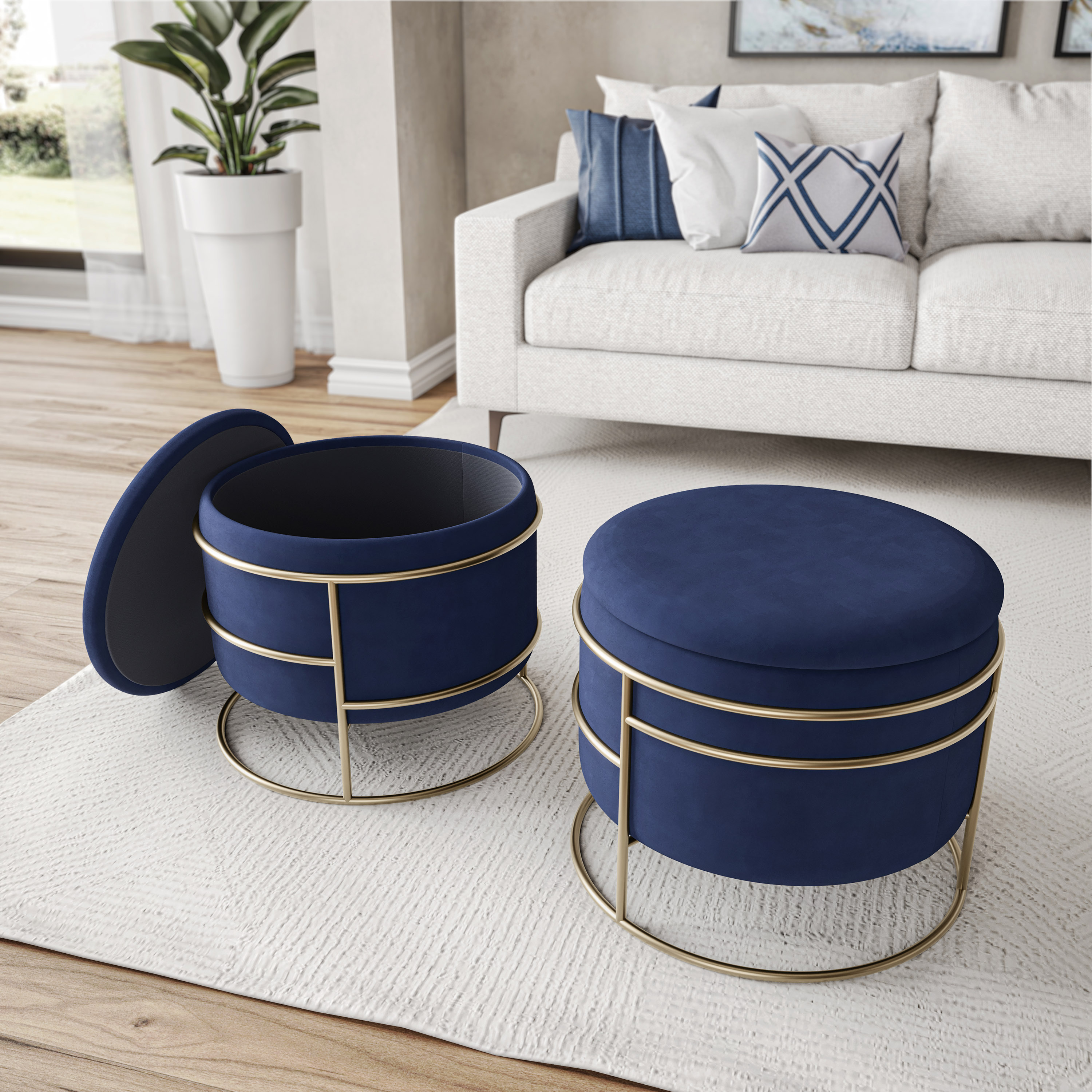 LOVMOR SF-R-B031P295192 Elegant Round Storage Ottoman with Gold Frame Blue