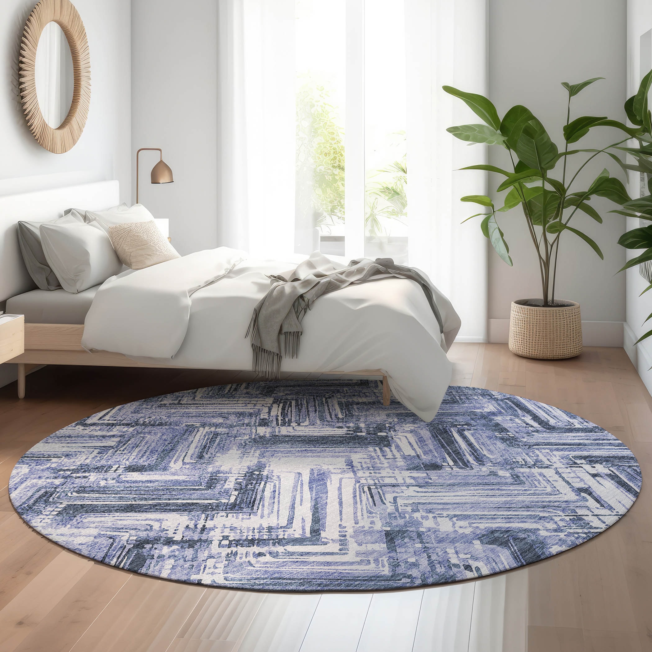 Addison Rugs AMF630BU8RO Mayfield AMF630BU 8 x 8 (ft) Loomed Polyester Blue Round Indoor Geometric Machine washable Area rug
