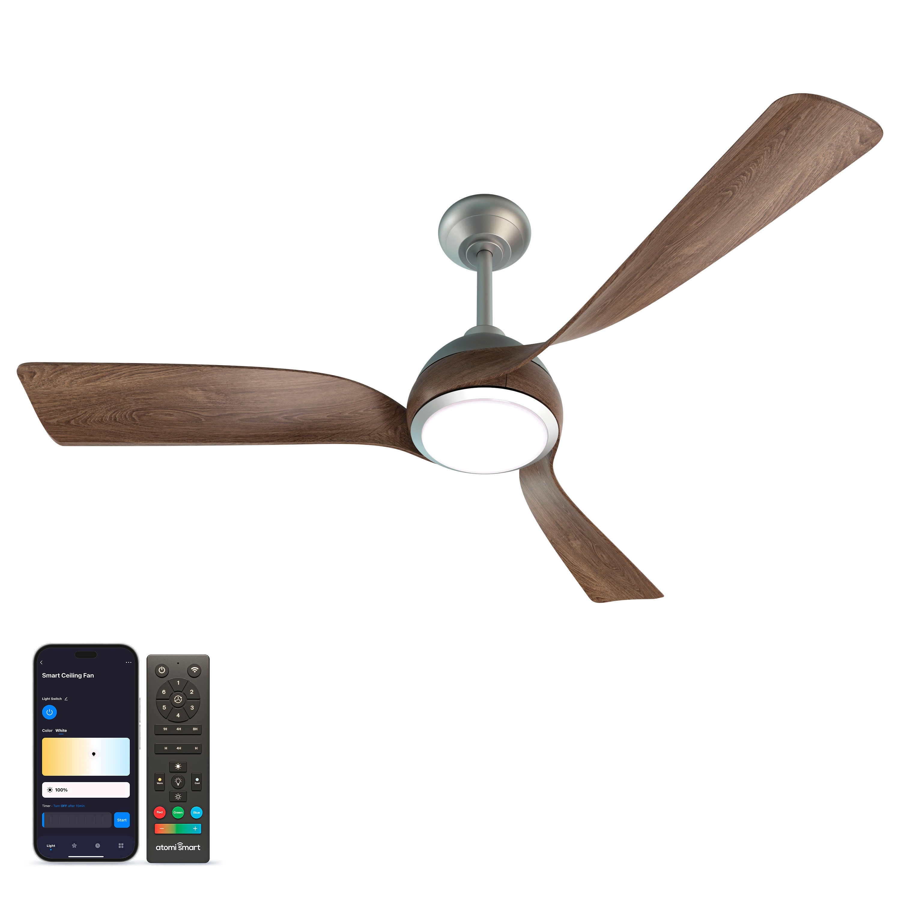 atomi smart AT2663-BS-WW Flora 52-in Color-Changing Integrated LED Smart Metallic Silver with Walnut Wood Blades Ceiling Fan With Light - Remote Included ( 3 -Blade )