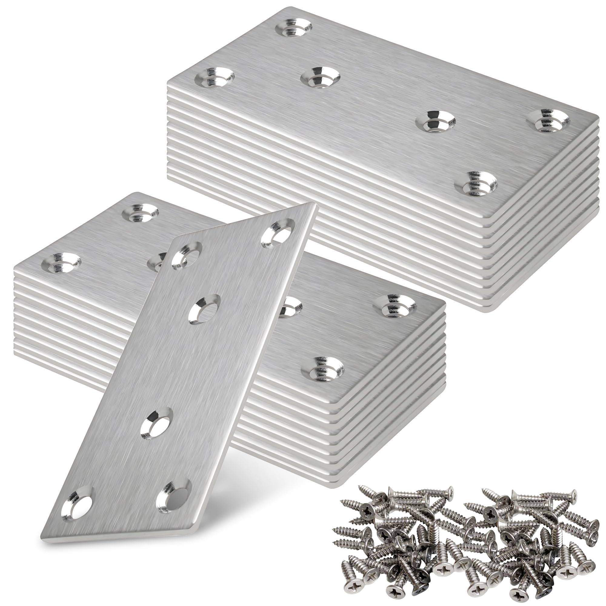 Phyfalip  Flat Straight Brace Bracket 3.94 by 1.97 inch Silver Stainless Steel Mending Plate with Screws for Wood Furniture Shelves Repair 20 Pack