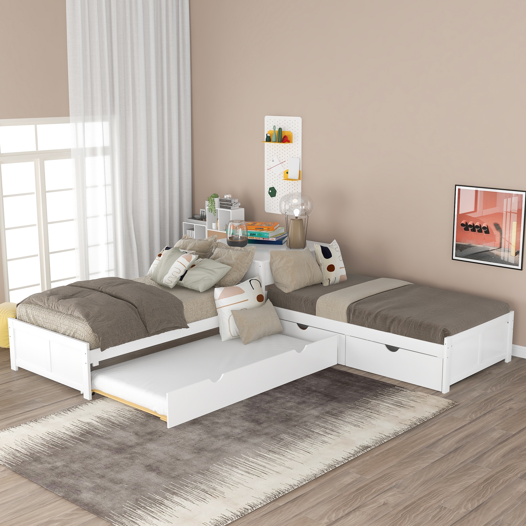 ModernLuxe SM000916AAK Lshaped Platform Bed with Trundle and Drawers Linked with builtin DeskTwinWhite