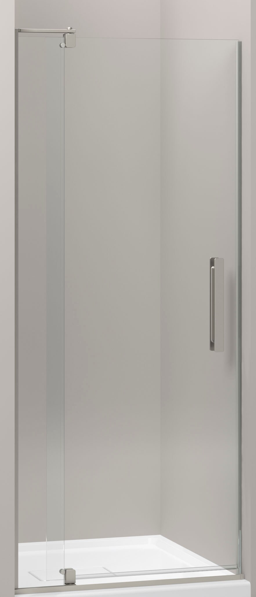 KOHLER 707500-L-BNK Revel Anodized Brushed Nickel 27-5/16-in to 31-1/8-in W x 70.0000-in H Frameless Pivot Shower door 1/4-in Thick Clear Glass