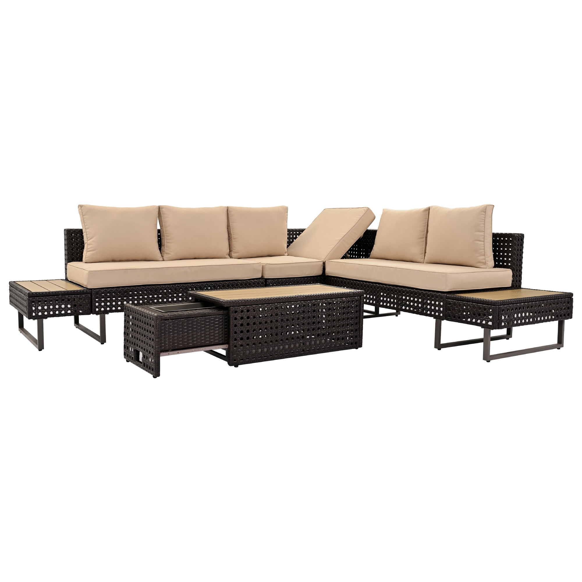 Bybafun YB2600188 Wicker Outdoor Sectional with Brown Cushions and Wicker Frame