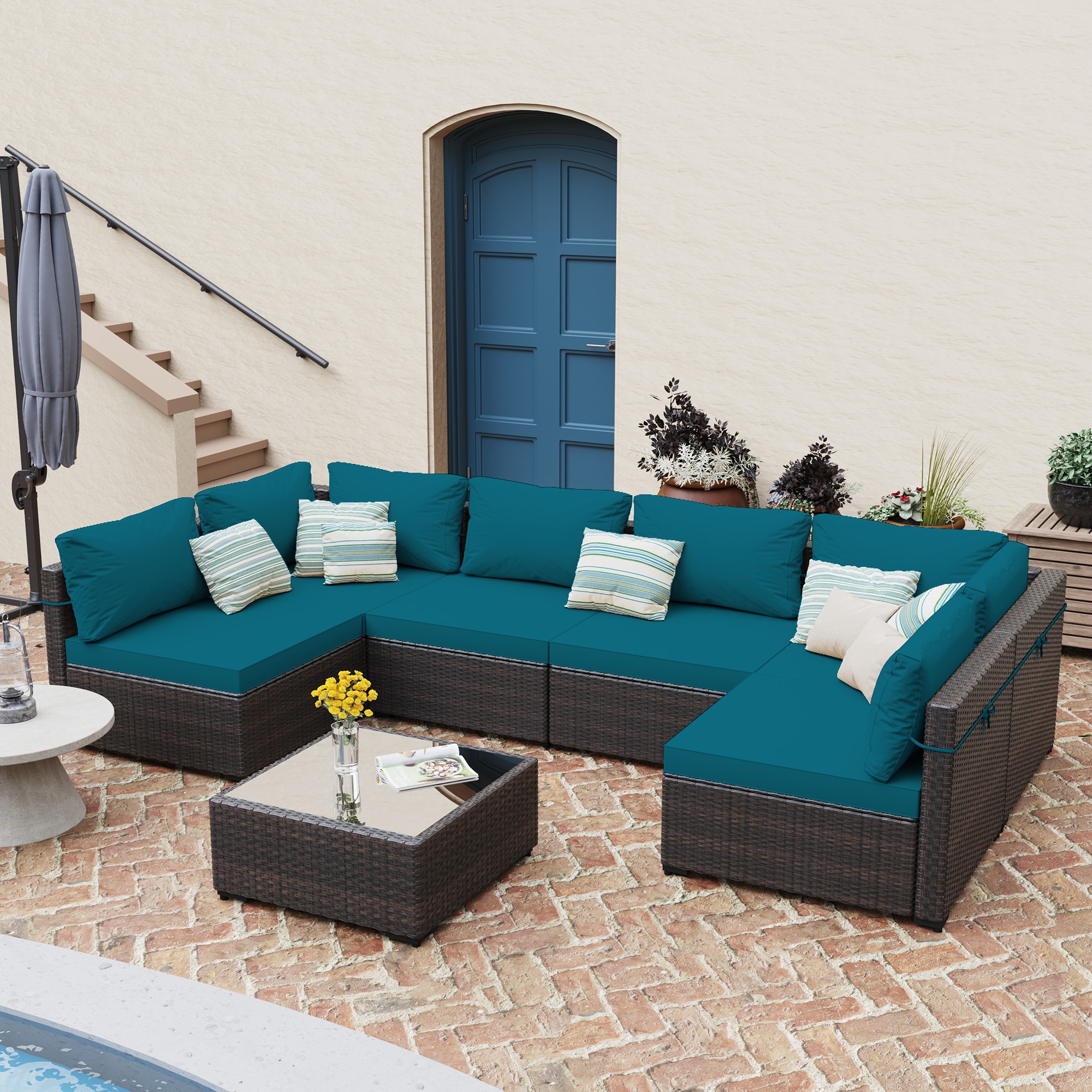 Patio Watcher RT-OD7-B6-3 7 -Piece Rattan Patio Conversation Set with Blue Cushions