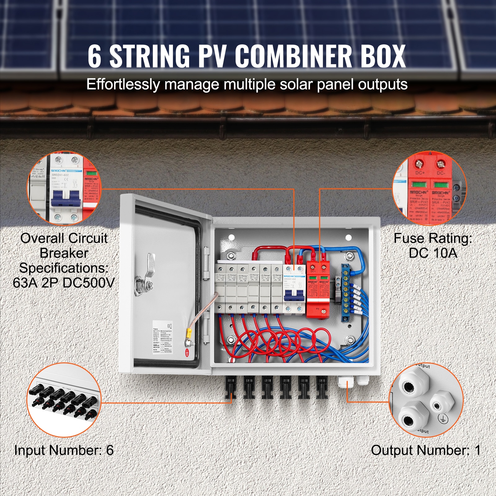 GIVIMO PV Combiner Box 6 String Solar Combiner Box with 10-A DC Fuses ...