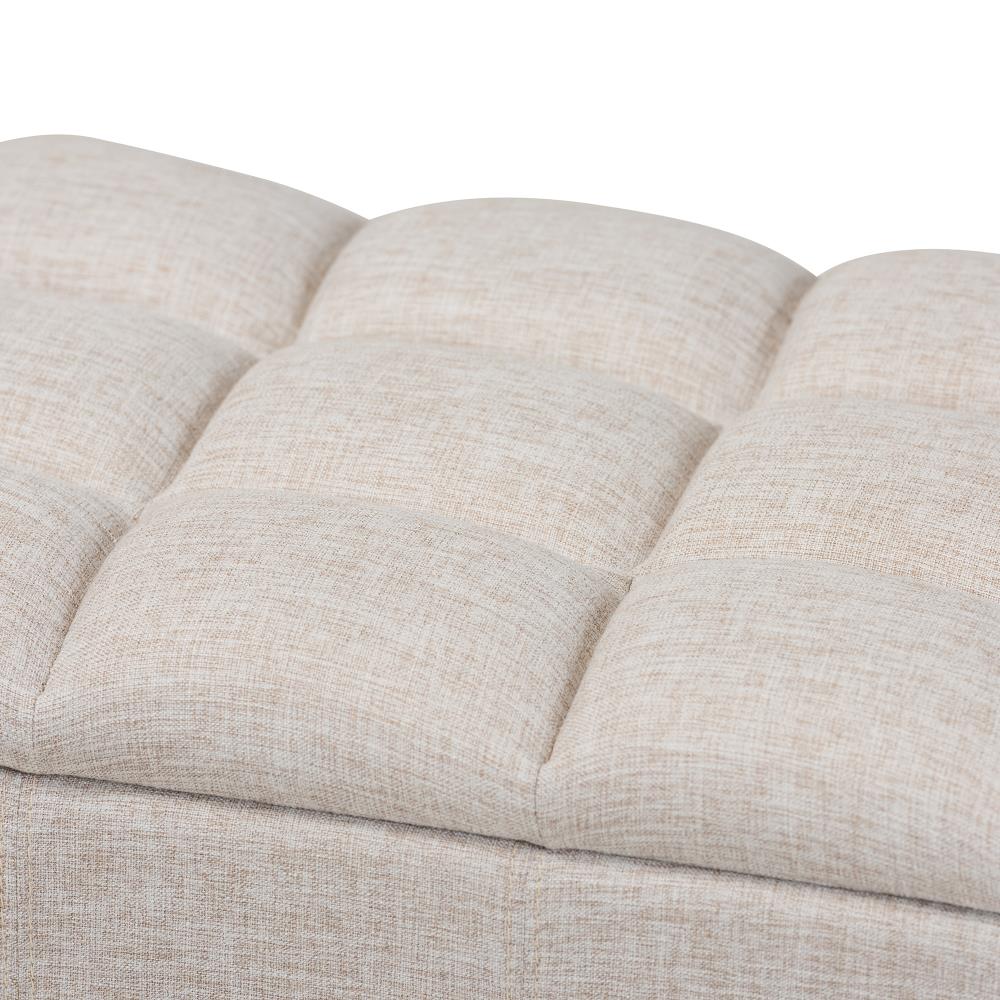 Beige Tufted Fabric Storage Bench with Dark Wood Legs