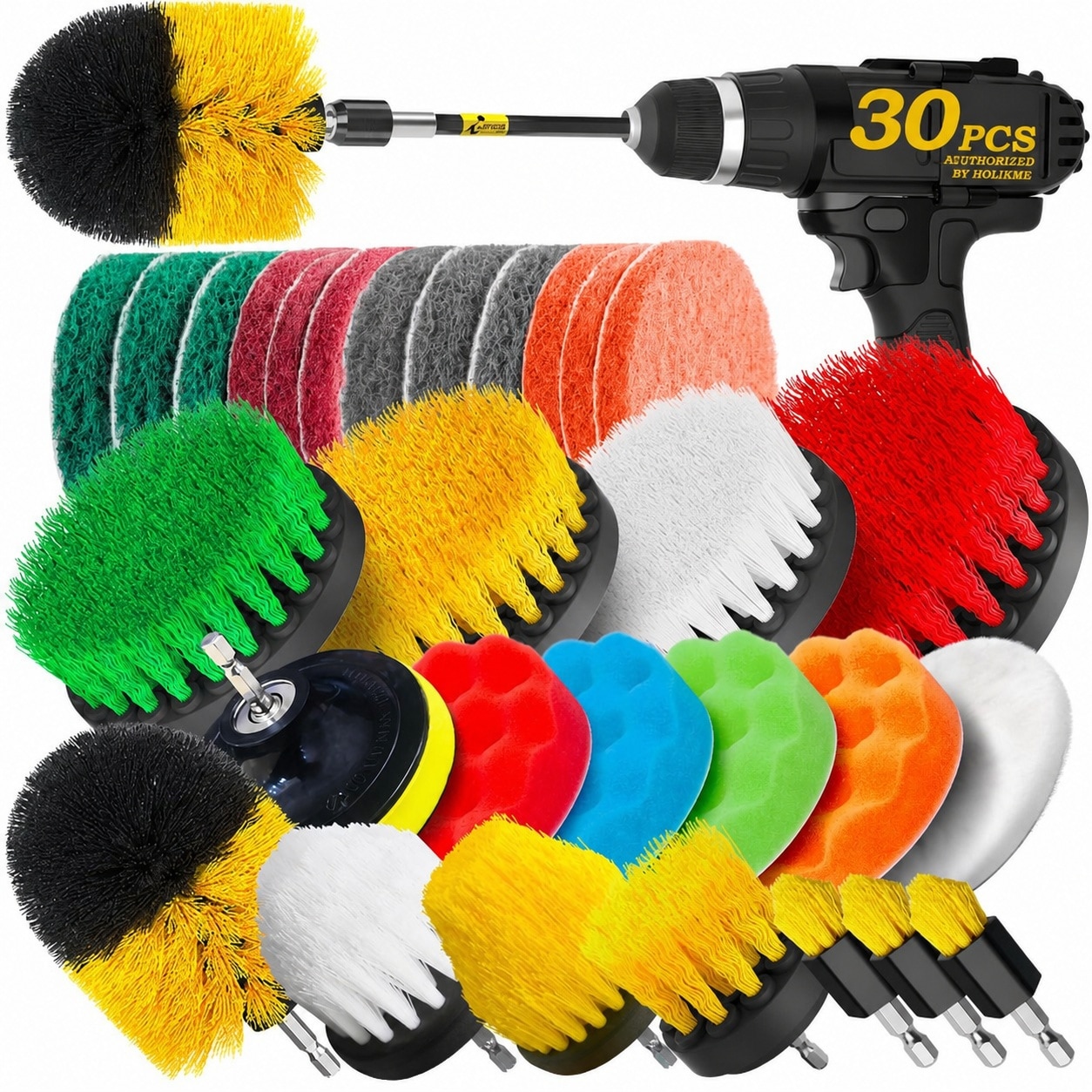 Anqtovp LAN0608N007  30Pack Drill Brush Attachments Set Power Scrubber Brushes Scouring Pads Sponges Wool Pad and Extension for Grout Tile Sink Car Cleaning