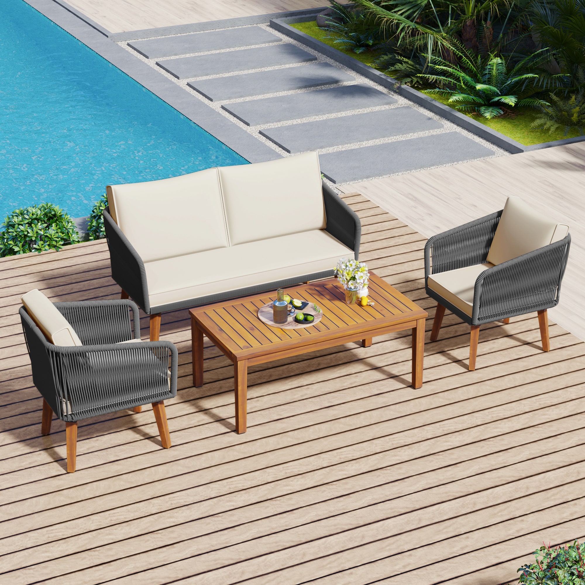 LIVIZA GIG000004G Solid Wood Conversation Group 4 -Piece Rattan Patio Conversation Set with Beige Cushions