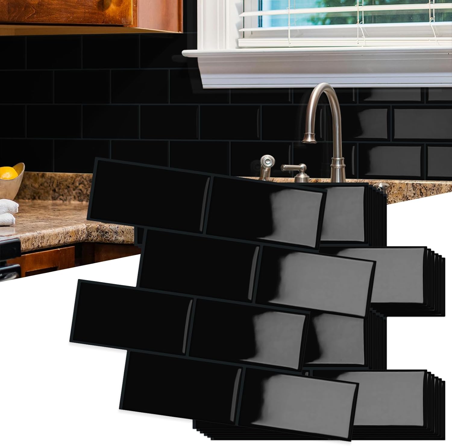MaseiKar Thick Peel and Stick Kitchen Backsplash Tiles Black 10 Sheet 12.6x10.6 in D Subway Waterproof Self Adhesive Wall Tile for Kitchen and Bathroom