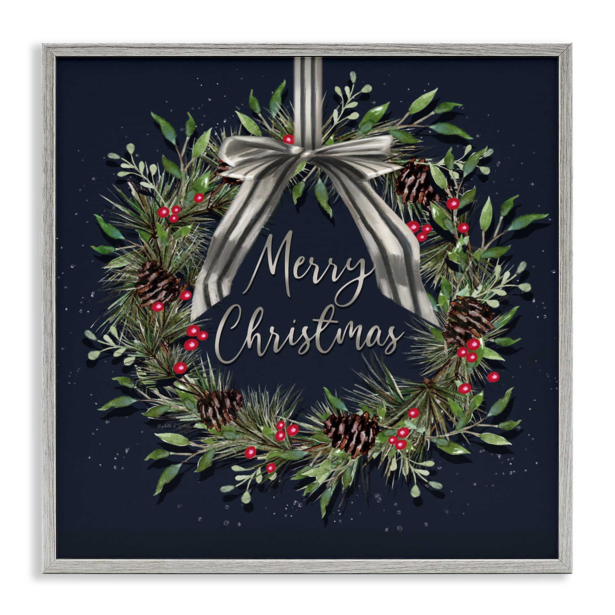 Stupell Industries BT-527-GFF-24X24 Hanging Christmas Wreath with Bow Gray Framed Giclee Art By Elizabeth Tyndall 24 x 24