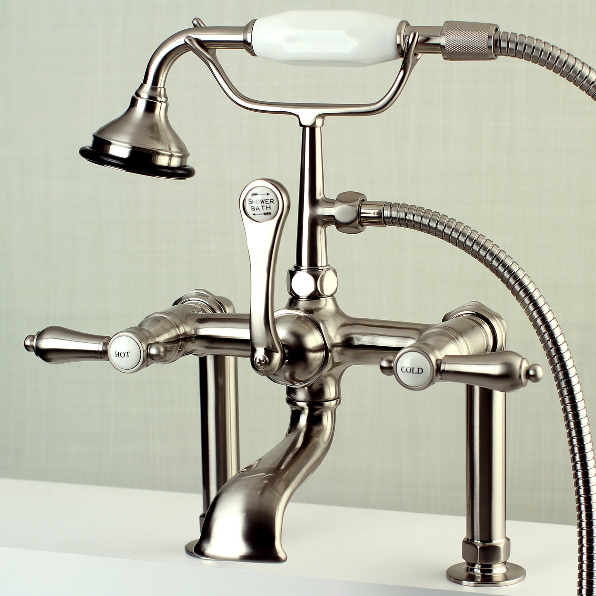 Kingston Brass WLAE103T8BAL Heirloom Brushed nickel 3-handle Deck-mount Roman Low-arc Bathtub Faucet with Hand Shower ( Valve Included )
