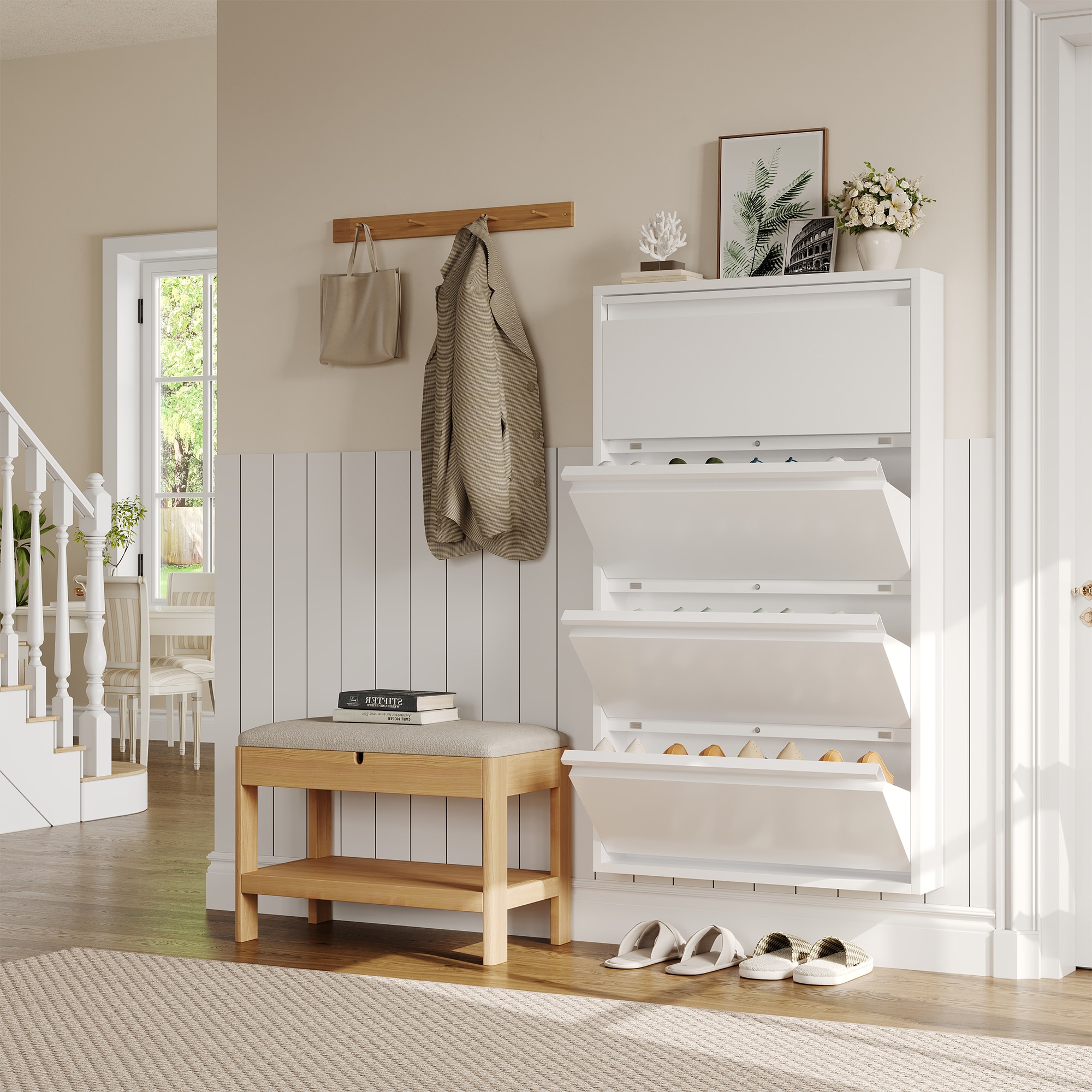 Garvee Slim Metal Shoe Cabinet with 4 Flip Drawers Narrow Shoe Storage for Entryway Wall Mounted or Floor Standing Detachable Bottom Corners for Flexible Placement Anti-Tip Safety Wall Mount - White
