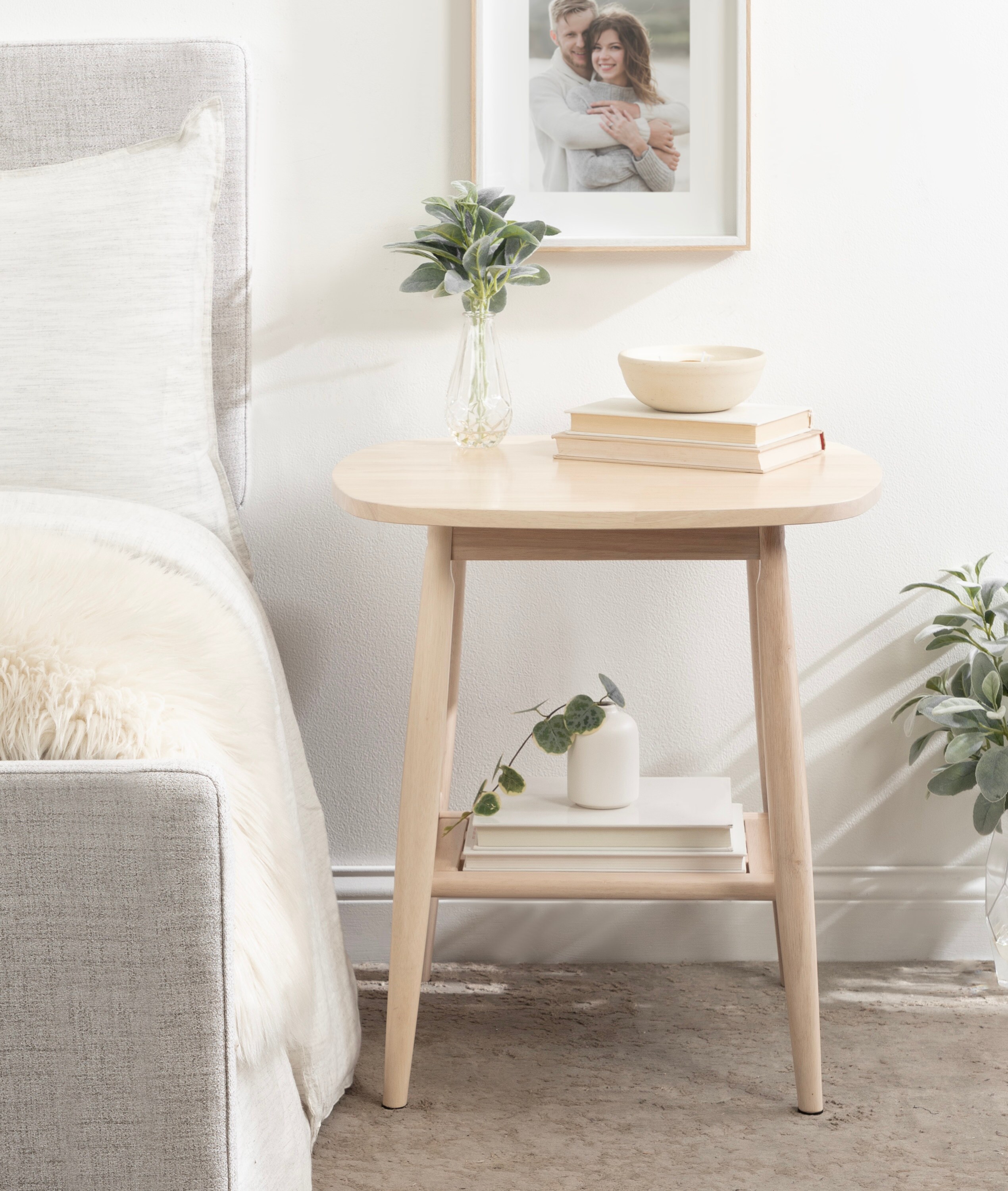 Natural Light Wood Rectangular Side Table with Storage Shelf