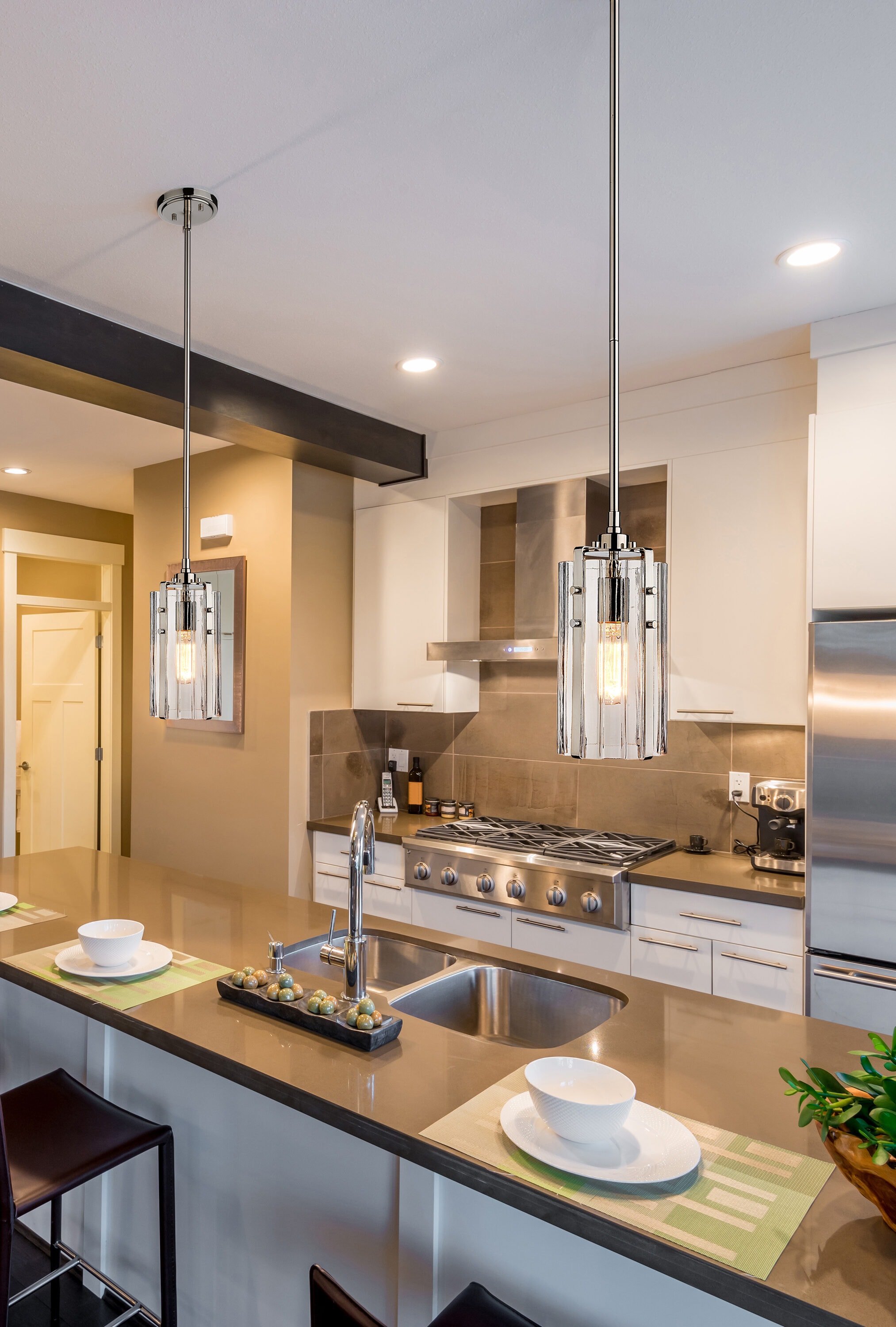 Polished Nickel 12" Mini Pendant with Glass Shade